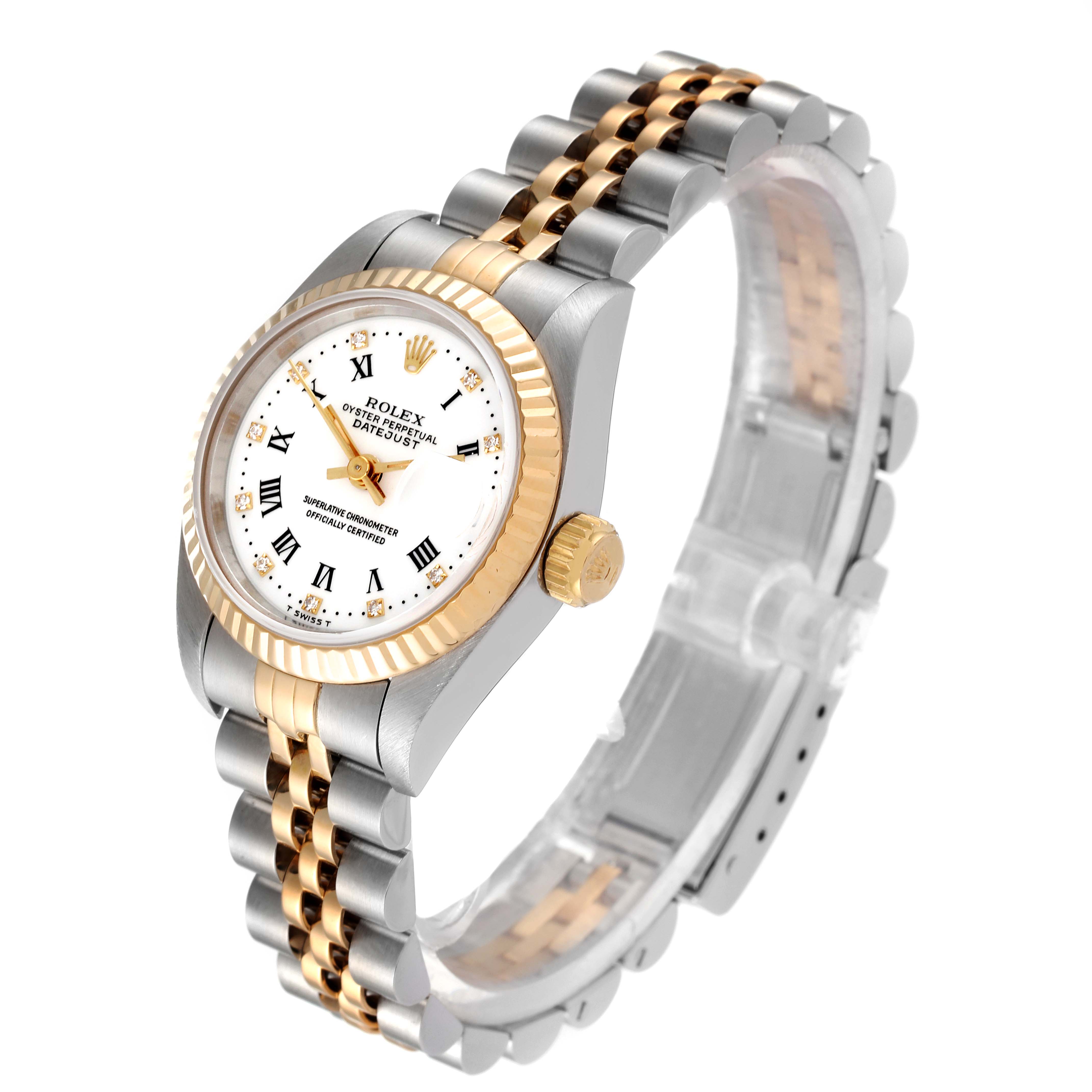 The image shows a Rolex Datejust 69173 Women's Steel and Gold (two tone) White Dial 69173 Women's Steel and Gold (two tone) White Dial watch at a three-quarter angle, highlighting the dial, bezel, crown, and two-tone bracelet.