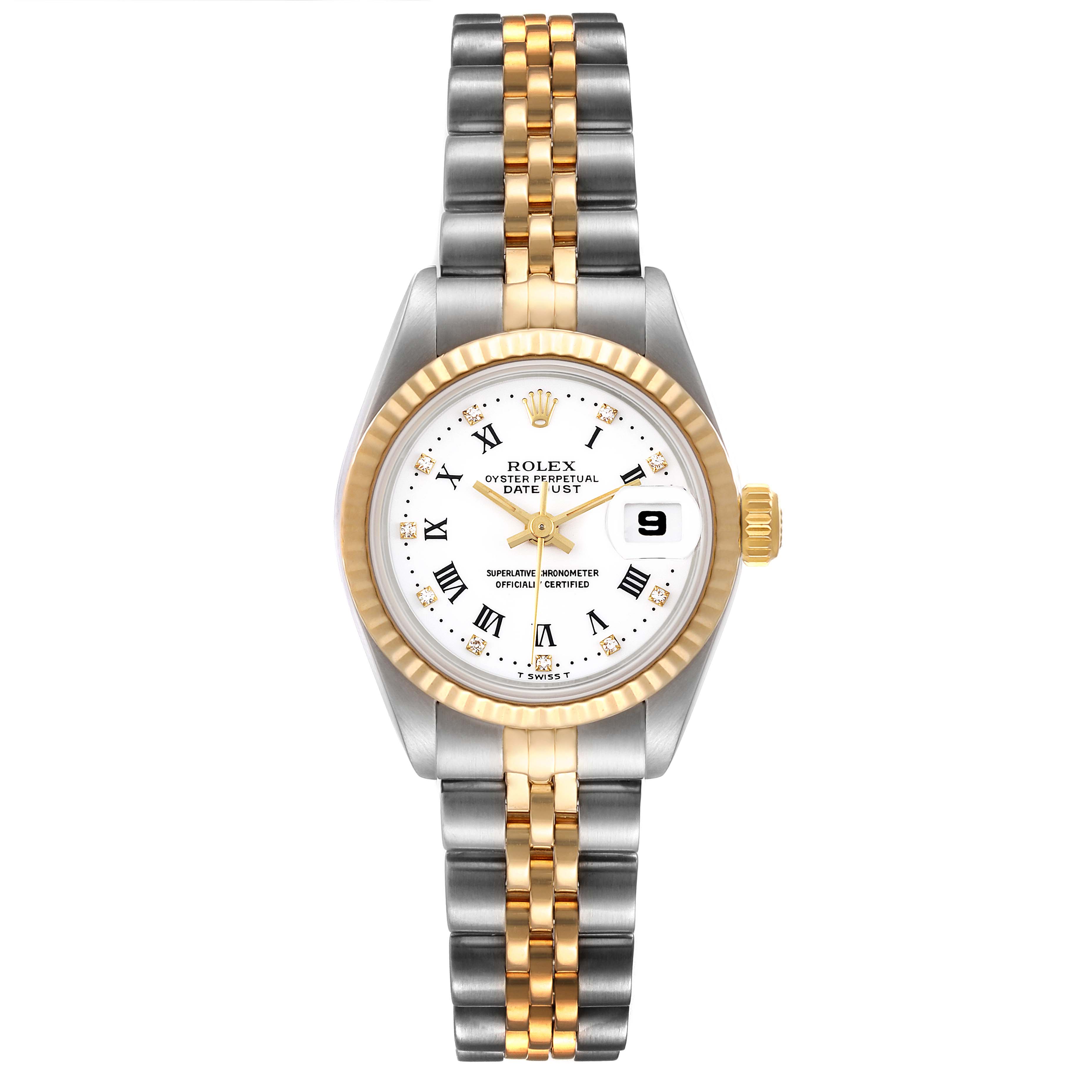 The image shows a front view of the Rolex Datejust 69173 Women's Steel and Gold (two tone) White Dial 69173 Women's Steel and Gold (two tone) White Dial watch, highlighting its dial, bezel, and bracelet.