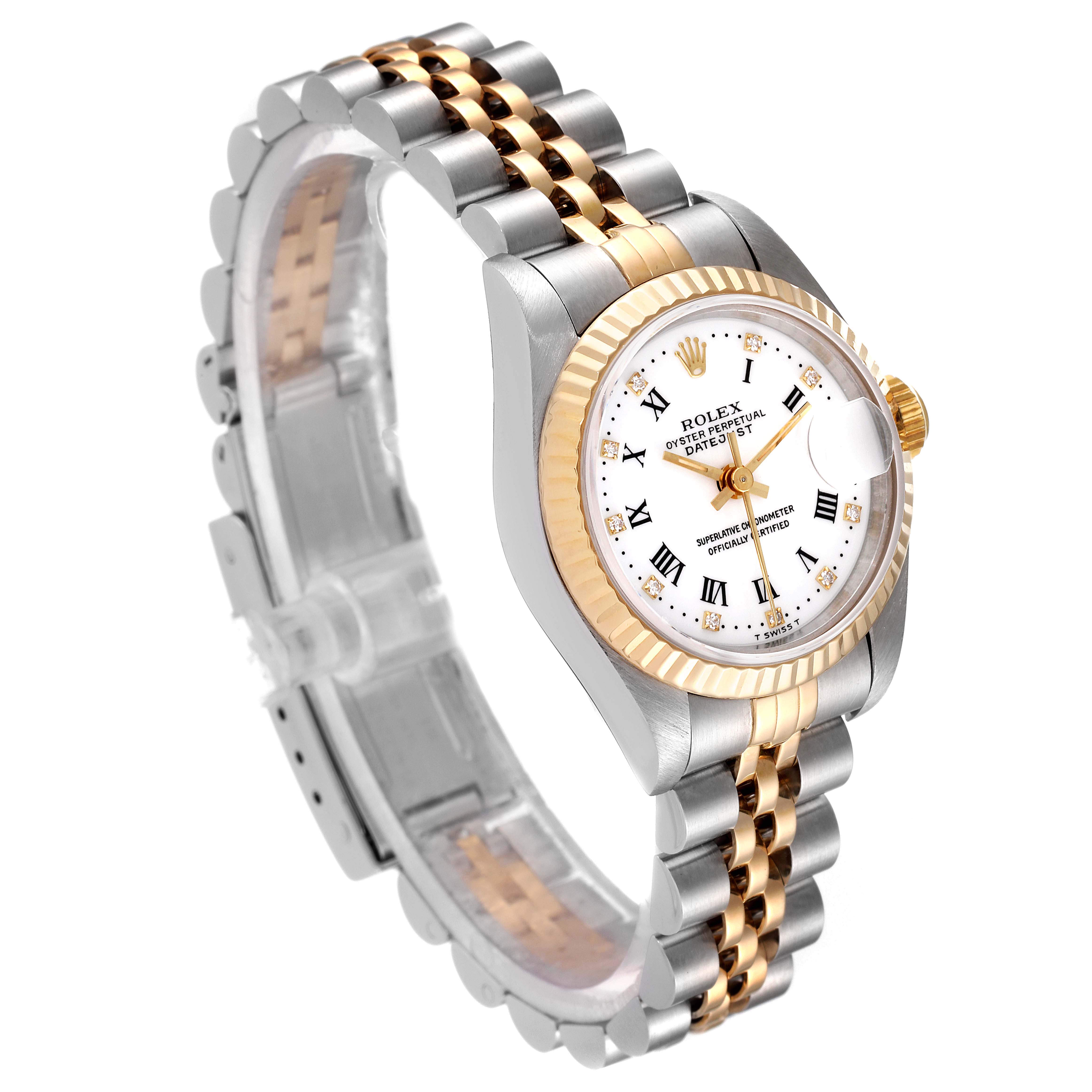 The Rolex Datejust 69173 Women's Steel and Gold (two tone) White Dial 69173 Women's Steel and Gold (two tone) White Dial watch is shown at a three-quarter angle, highlighting its two-tone band, fluted bezel, and white dial.