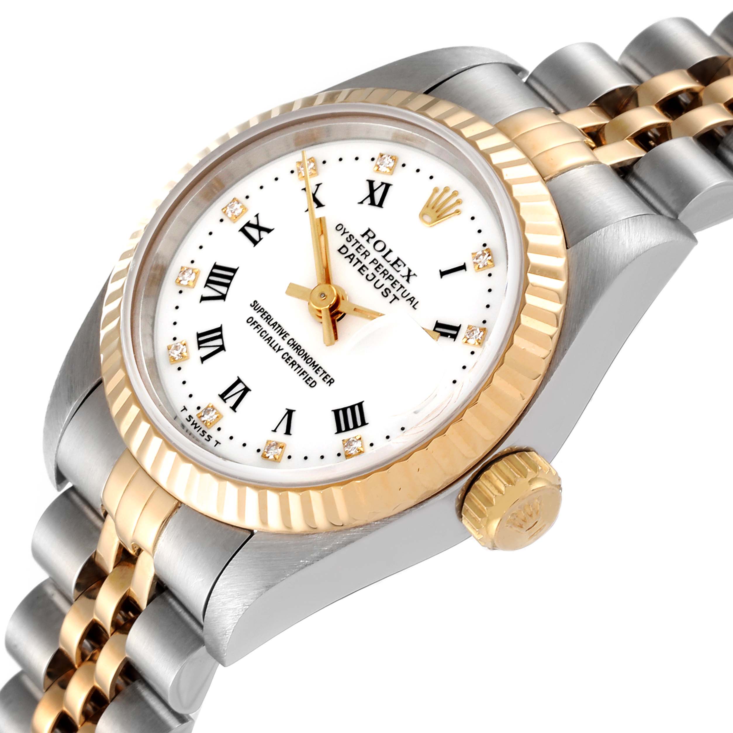 The image shows a Rolex Datejust 69173 Women's Steel and Gold (two tone) White Dial 69173 Women's Steel and Gold (two tone) White Dial watch at an angled view, highlighting its face, crown, bezel, and two-tone bracelet.