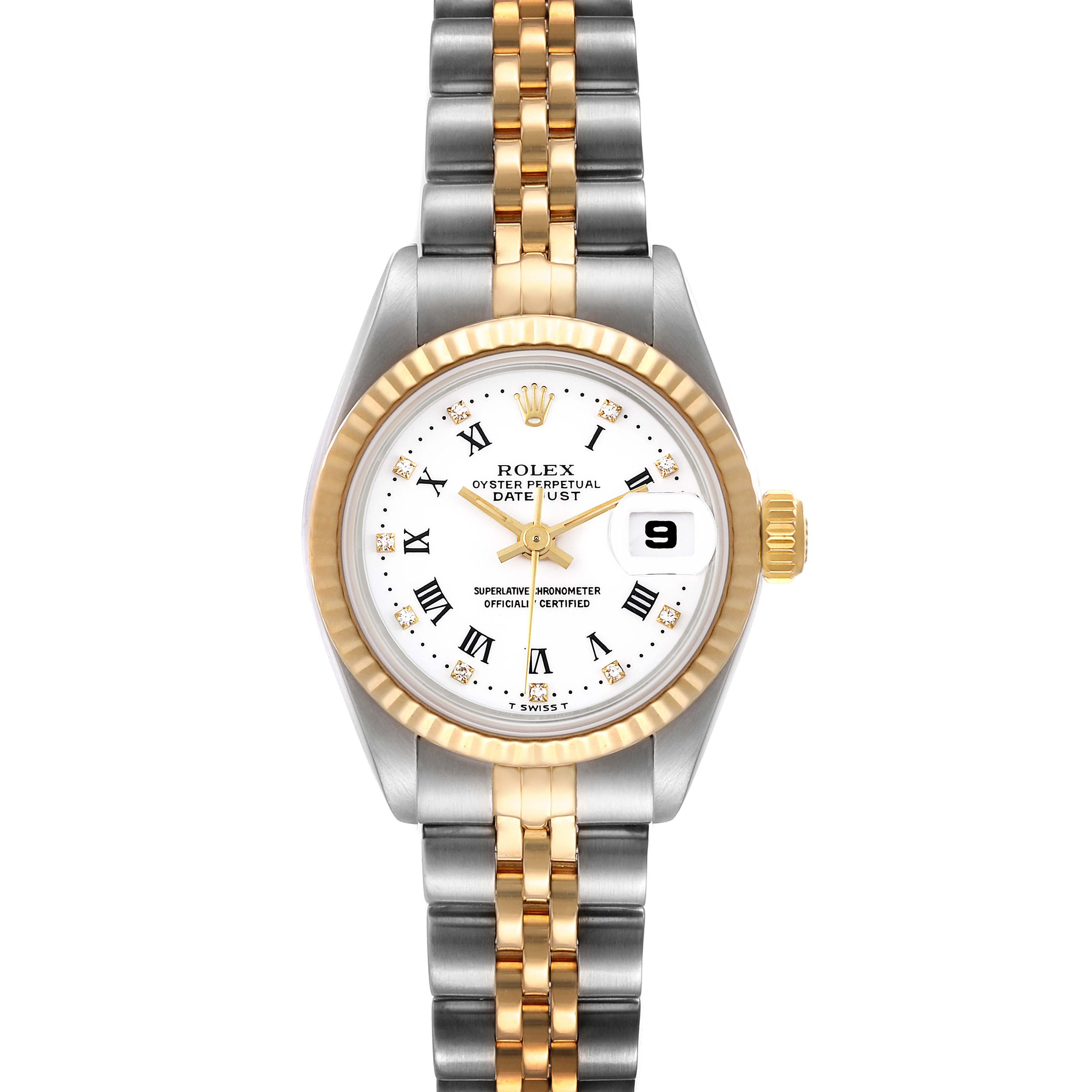 The image shows a front view of a Rolex Datejust 69173 Women's Steel and Gold (two tone) White Dial 69173 Women's Steel and Gold (two tone) White Dial watch, highlighting its two-tone bracelet, fluted bezel, and date window.