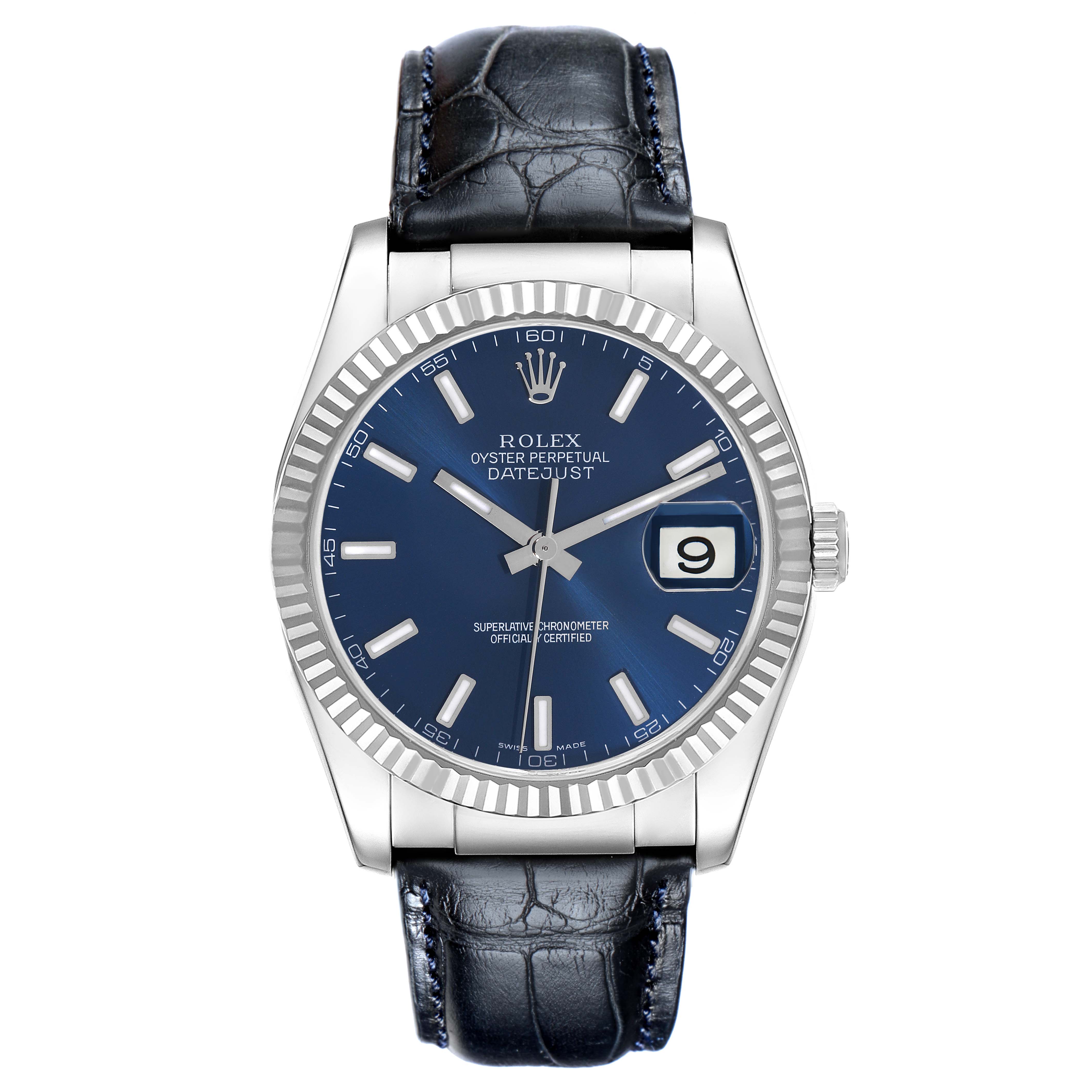 The Rolex Datejust 116139 Men
s White Gold Blue Dial 116139 Men
s White Gold Blue Dial is shown from a front angle, displaying its blue dial, fluted bezel, date window, and black leather strap.