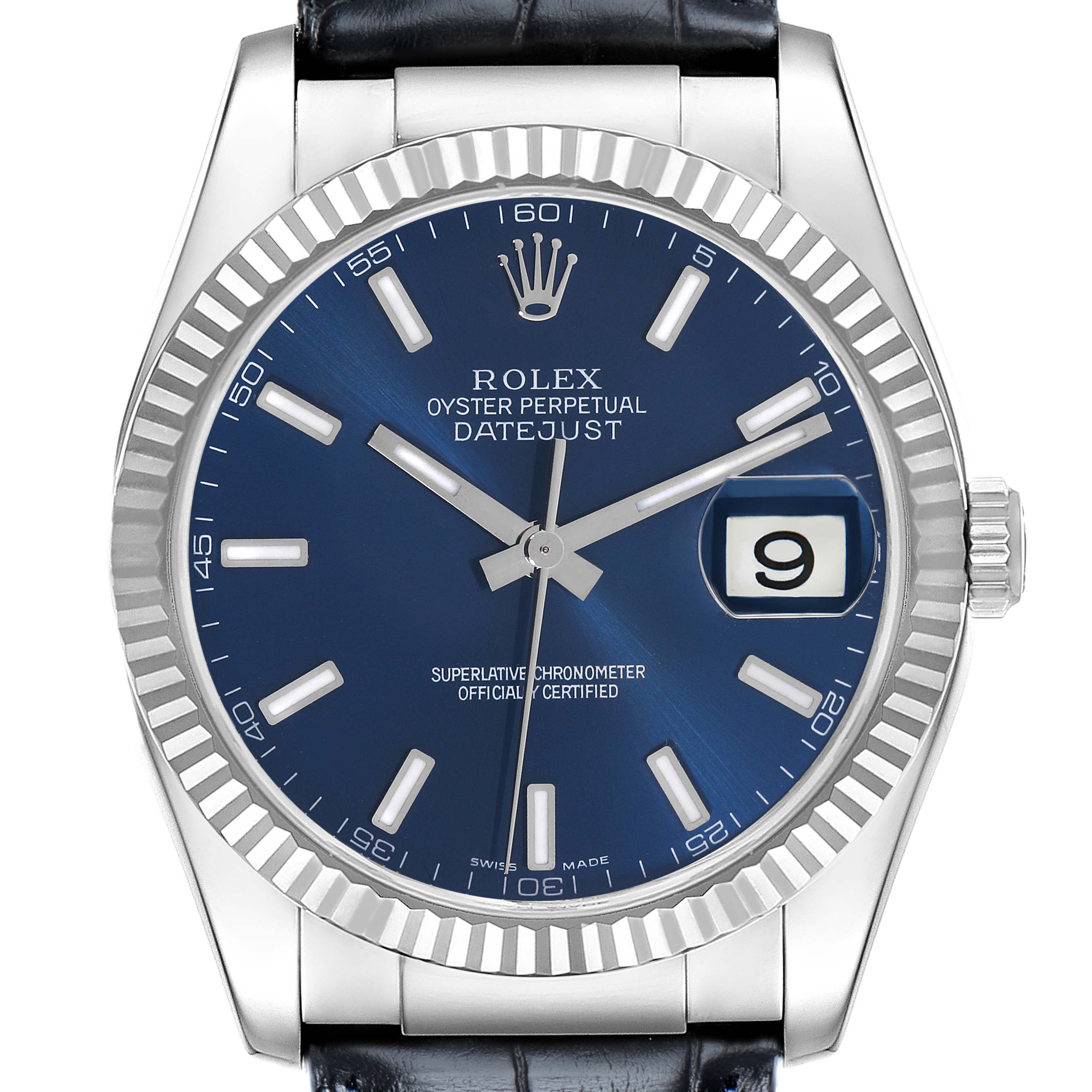 The image shows a frontal view of a Rolex Datejust 116139 Men
s White Gold Blue Dial 116139 Men
s White Gold Blue Dial watch, highlighting the dial, bezel, and crown.