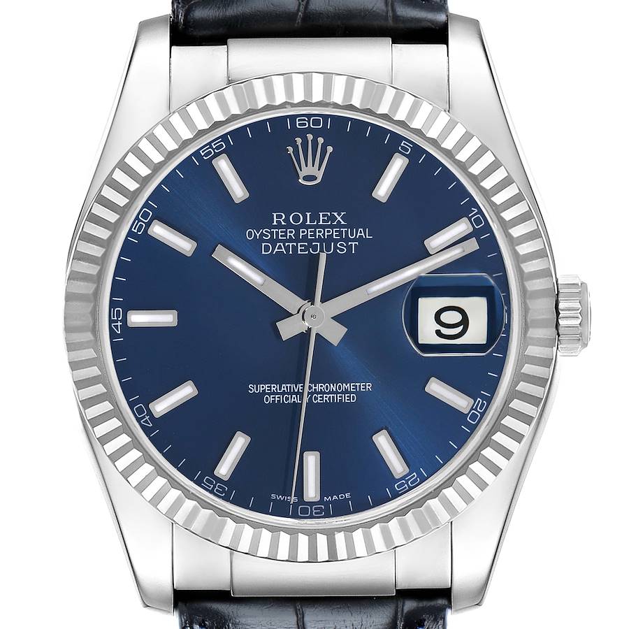 The image shows a frontal view of a Rolex Datejust watch, highlighting the dial, bezel, and crown.