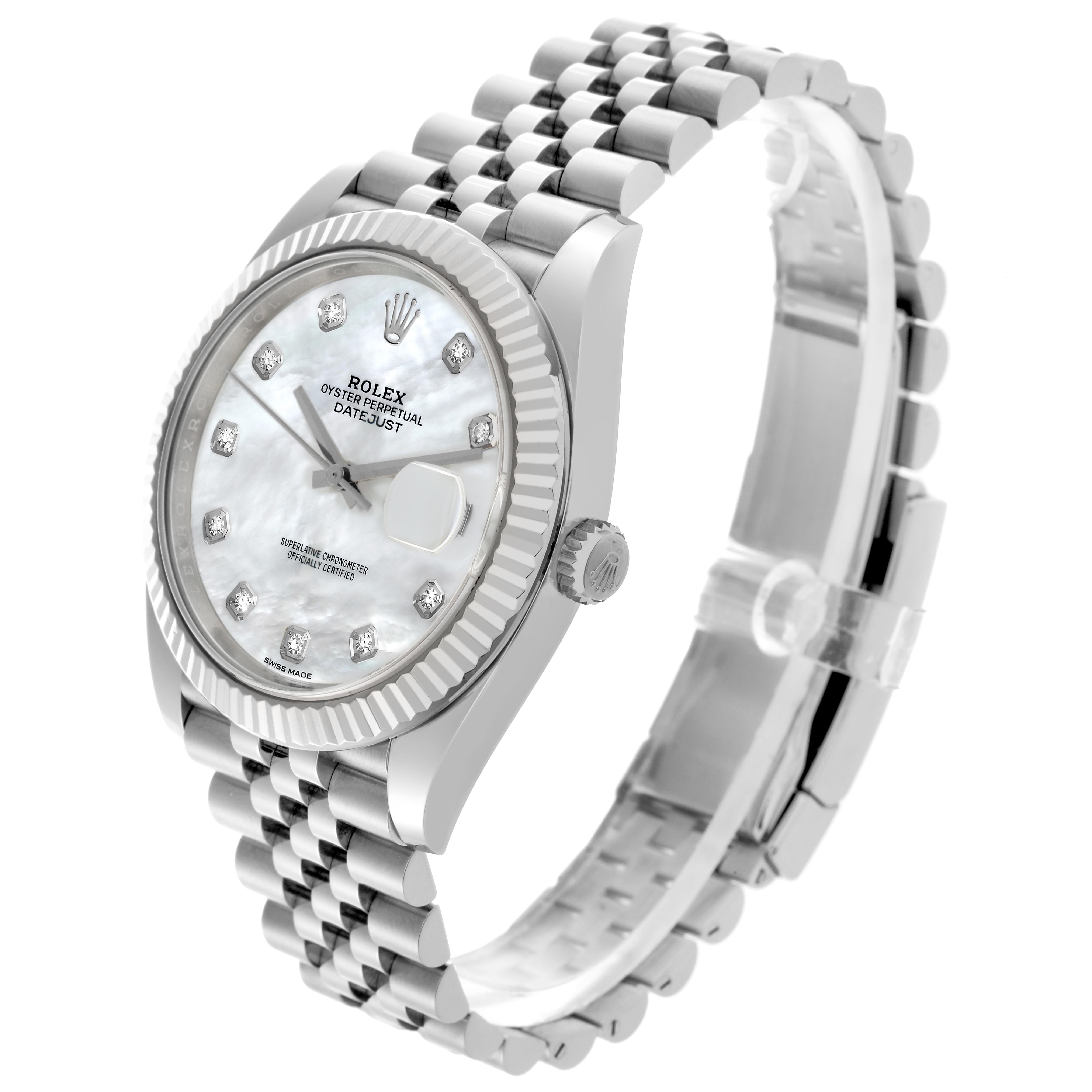 The Rolex Datejust 41 126334 Men
s Stainless Steel Mother of Pearl Dial 126334 Men
s Stainless Steel Mother of Pearl Dial is shown at a three-quarter angle, highlighting the dial, bezel, crown, and bracelet.