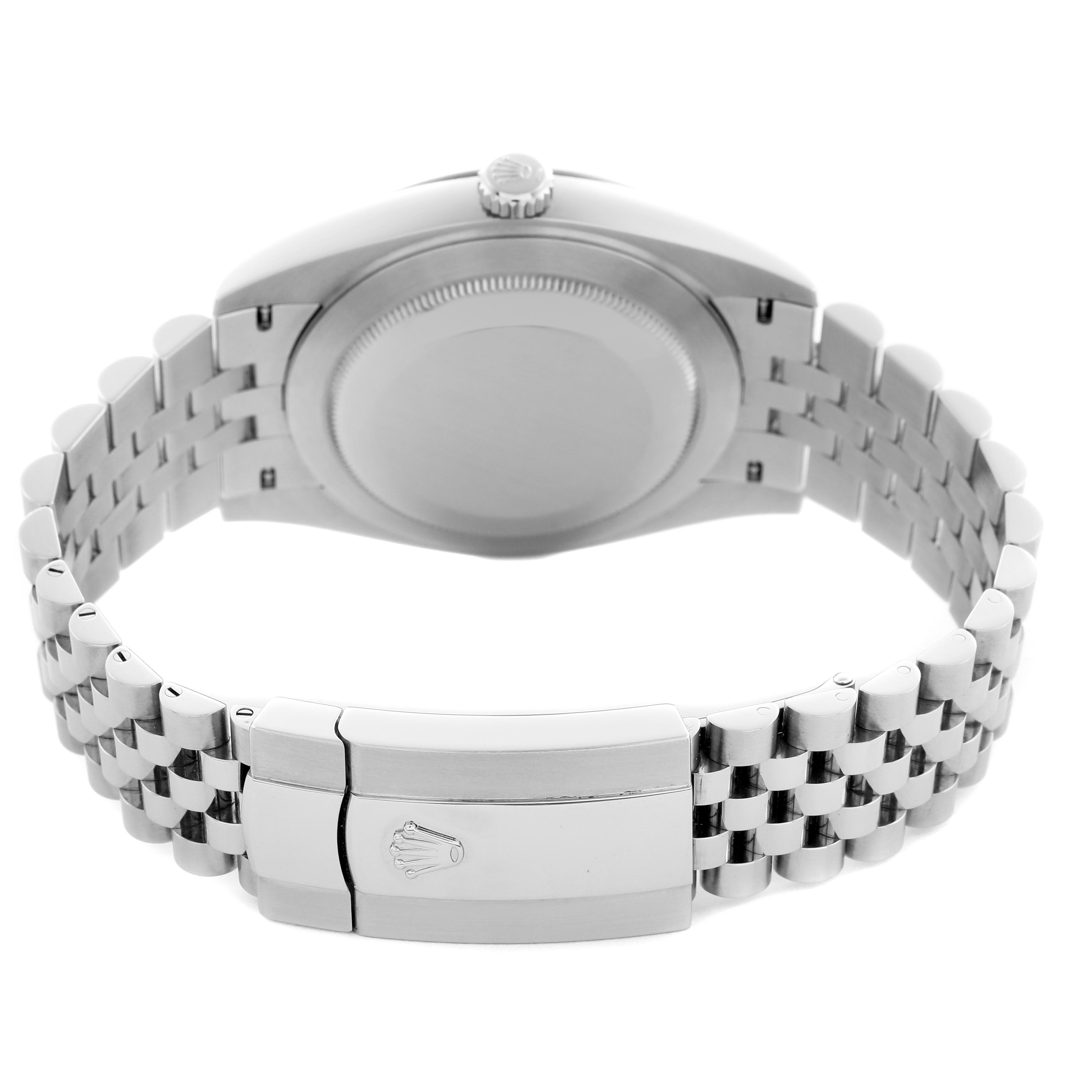 The image shows the back and clasp of the Rolex Datejust 41 126334 Men
s Stainless Steel Mother of Pearl Dial 126334 Men
s Stainless Steel Mother of Pearl Dial, highlighting the bracelet and case back.
