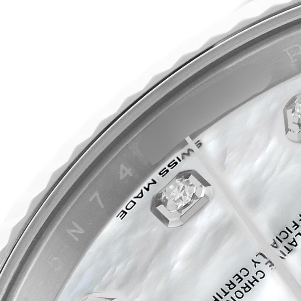 The image shows a close-up of the Rolex Datejust 41 126334 Men
s Stainless Steel Mother of Pearl Dial 126334 Men
s Stainless Steel Mother of Pearl Dial dial, highlighting the diamond markers and "Swiss Made" text.