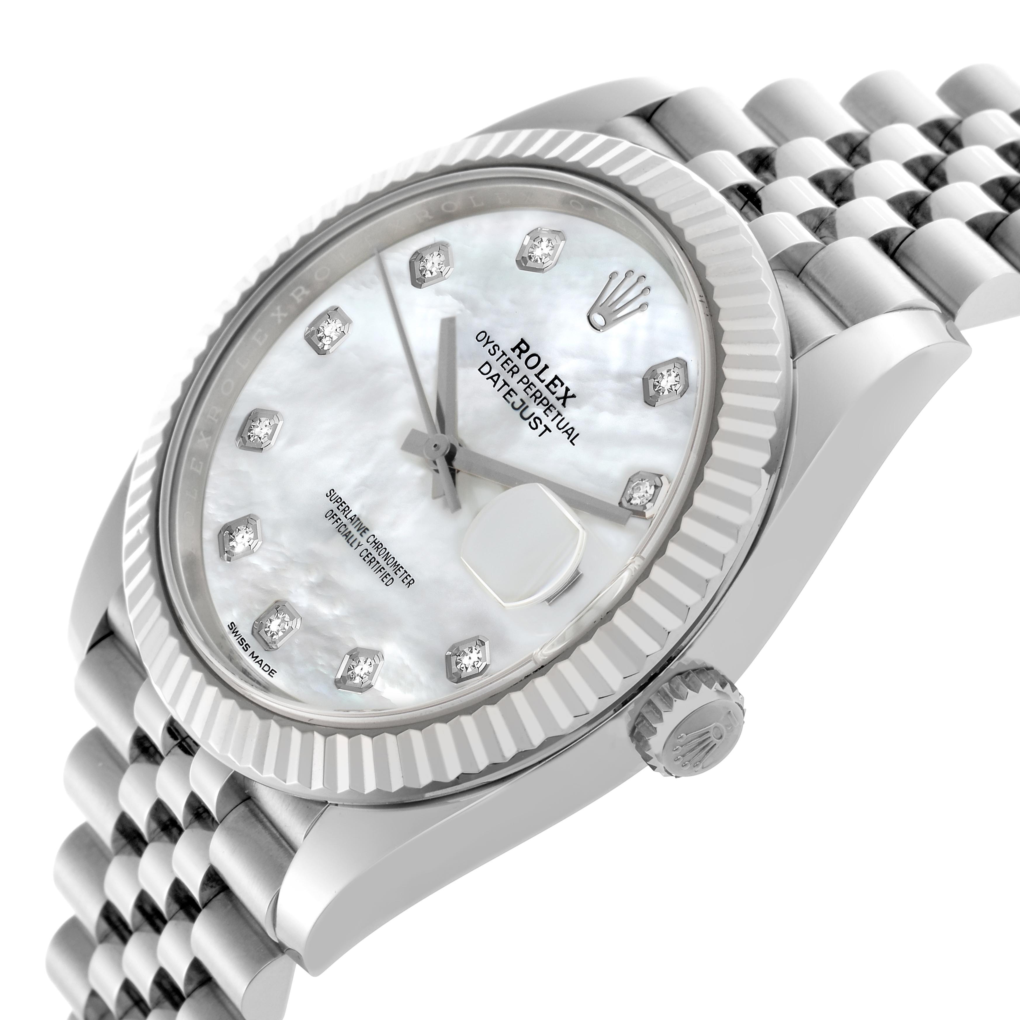 The Rolex Datejust 41 126334 Men
s Stainless Steel Mother of Pearl Dial 126334 Men
s Stainless Steel Mother of Pearl Dial watch is shown at an angled view, highlighting the bezel, dial, crown, and stainless steel bracelet.