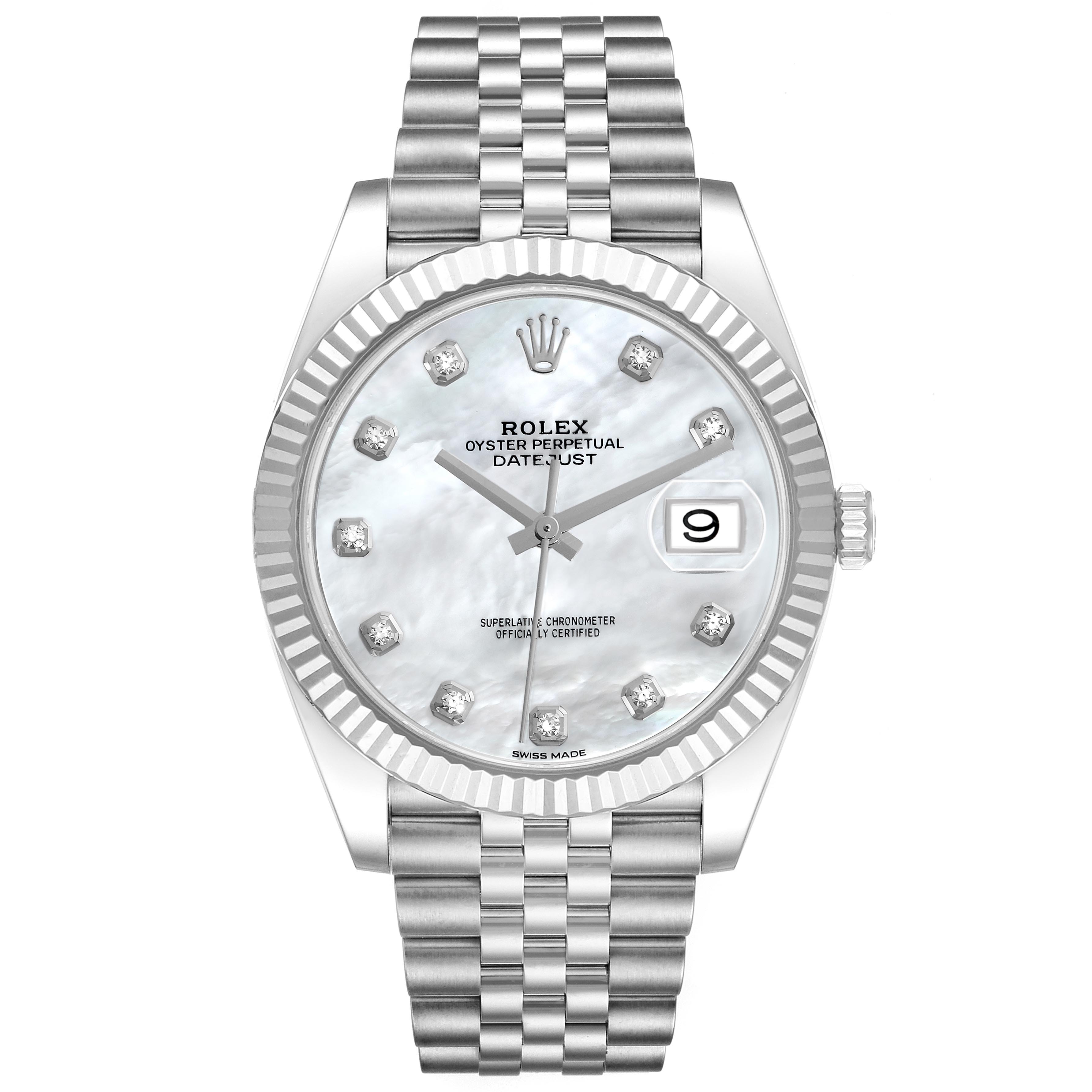 The Rolex Datejust 41 126334 Men
s Stainless Steel Mother of Pearl Dial 126334 Men
s Stainless Steel Mother of Pearl Dial watch is shown from a front angle, displaying the dial, fluted bezel, and Jubilee bracelet clearly.