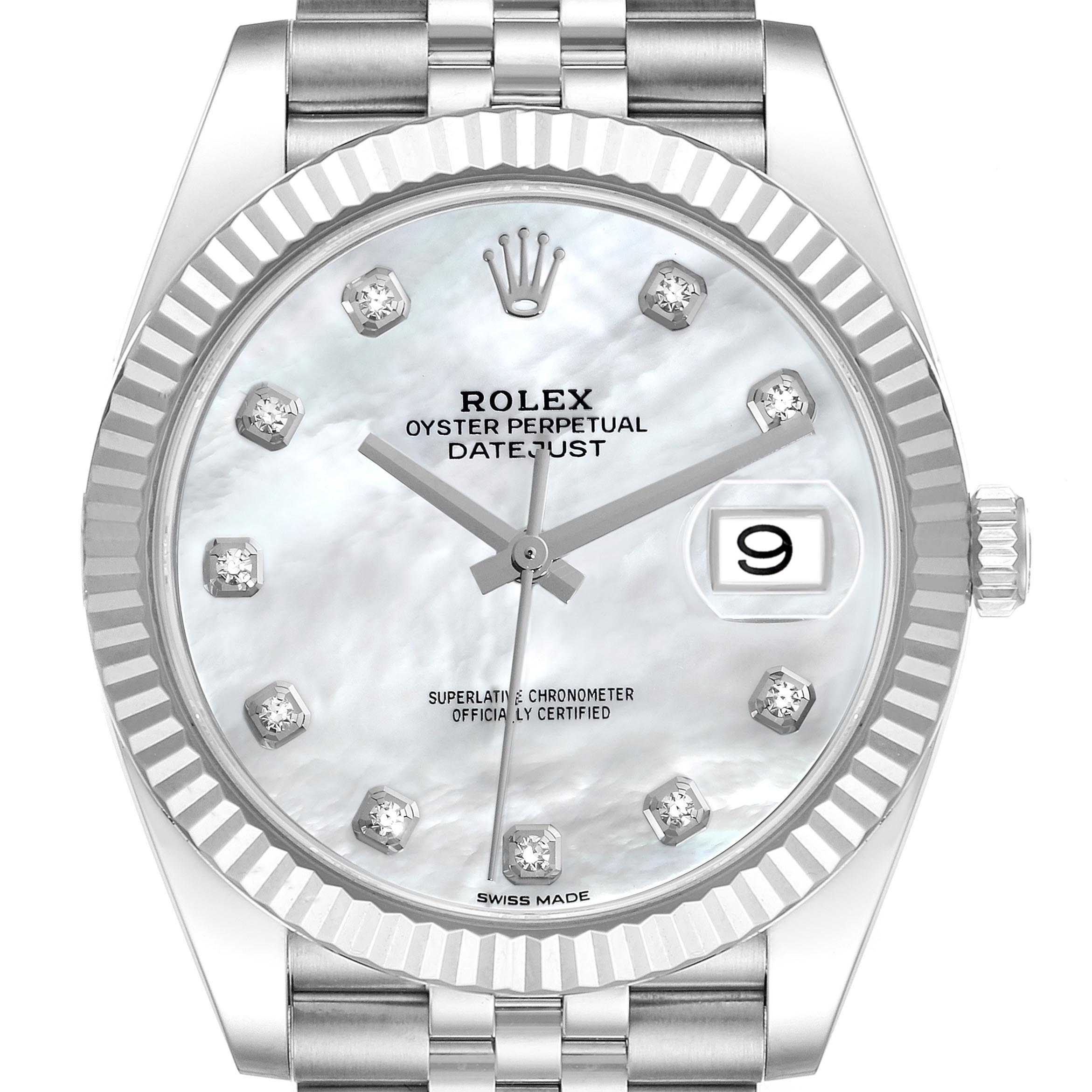 The Rolex Datejust 41 126334 Men
s Stainless Steel Mother of Pearl Dial 126334 Men
s Stainless Steel Mother of Pearl Dial watch is shown from a front angle, highlighting its dial, bezel, crown, and part of its bracelet.