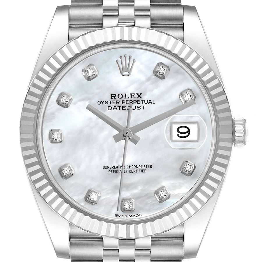 The Rolex Datejust 41 watch is shown from a front angle, highlighting its dial, bezel, crown, and part of its bracelet.