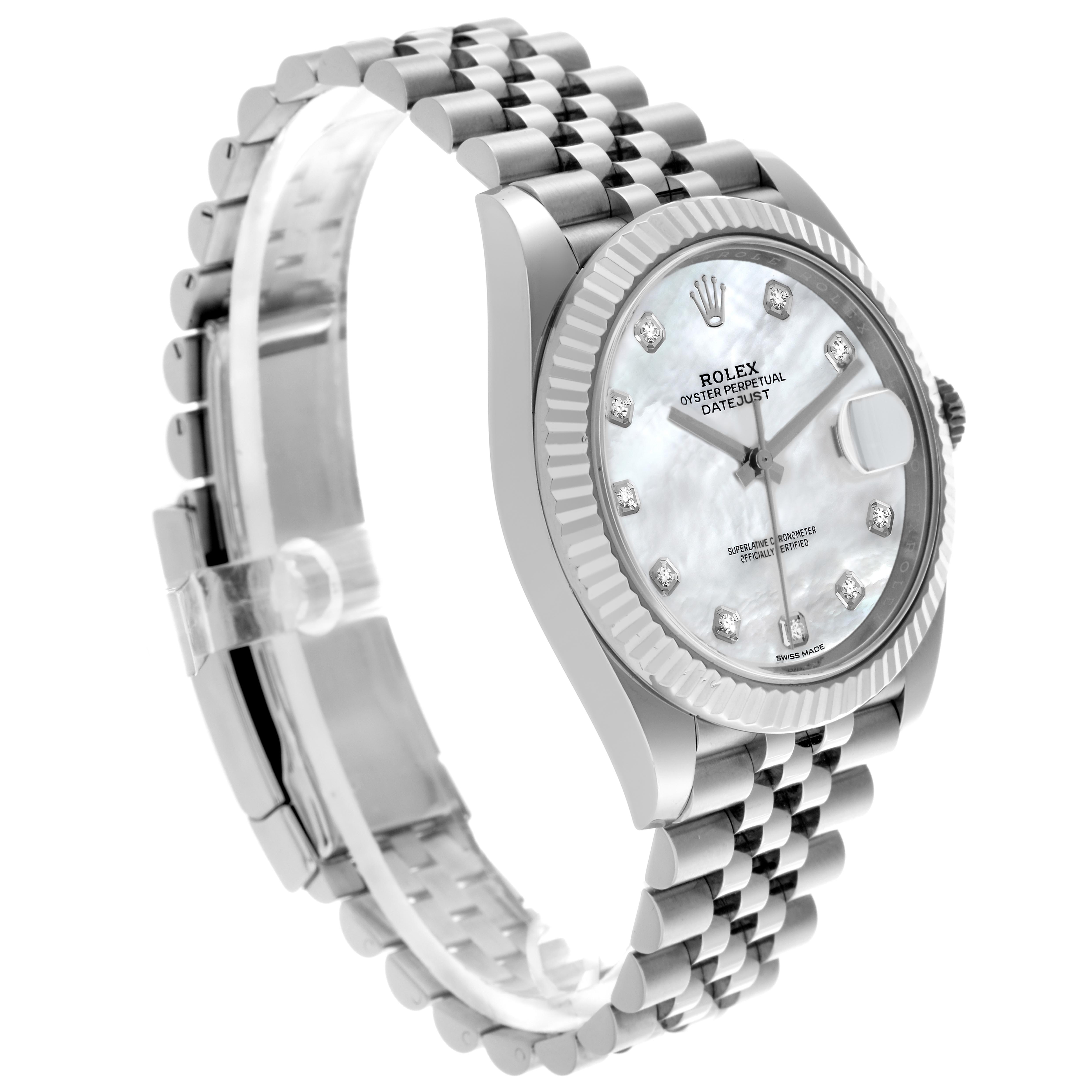 The Rolex Datejust 41 126334 Men
s Stainless Steel Mother of Pearl Dial 126334 Men
s Stainless Steel Mother of Pearl Dial is shown at a three-quarter angle, highlighting the face, fluted bezel, and Jubilee bracelet.