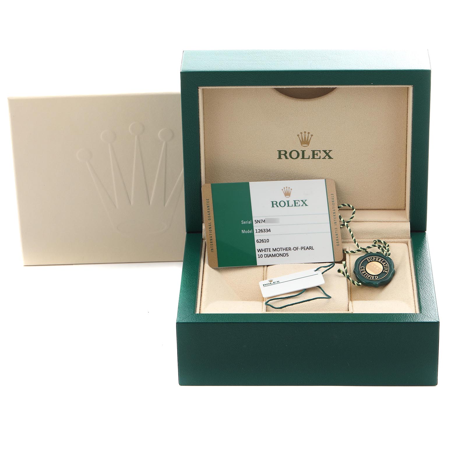 The image shows a Rolex Datejust 41 126334 Men
s Stainless Steel Mother of Pearl Dial 126334 Men
s Stainless Steel Mother of Pearl Dial box with a card, tags, and a Rolex seal inside, viewed from the front.