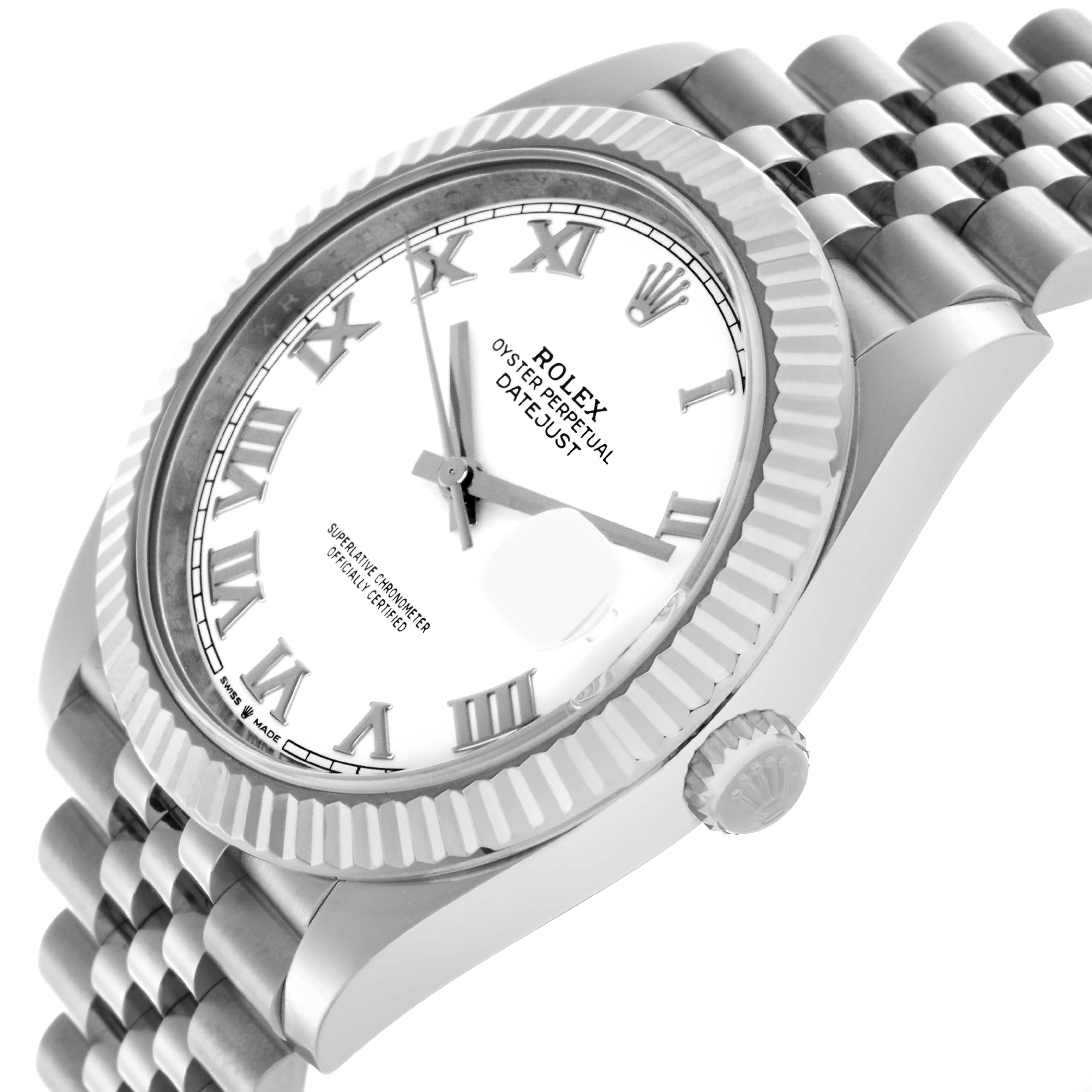 The Rolex Datejust 41 126334 Men
s Stainless Steel White Dial 126334 Men
s Stainless Steel White Dial watch is shown at an angled side view, highlighting the bezel, dial, crown, and part of the Jubilee bracelet.