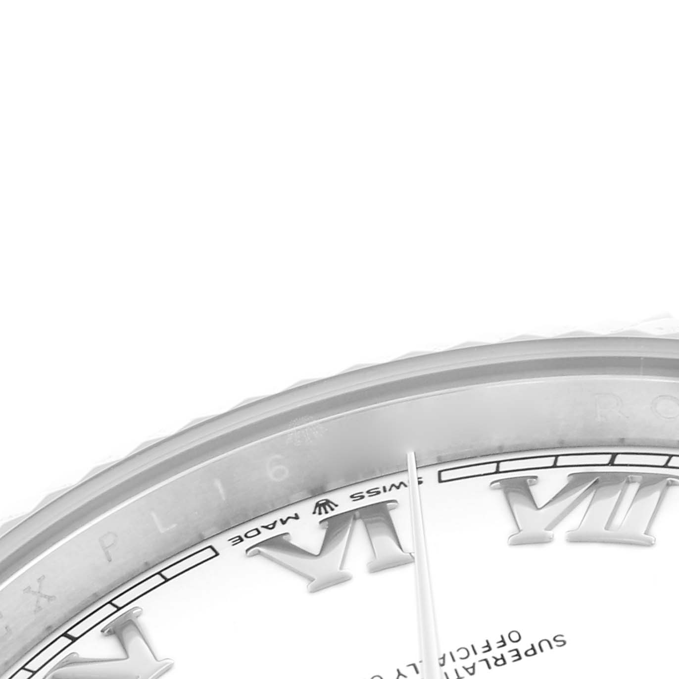 The image shows a close-up of the Rolex Datejust 41 126334 Men
s Stainless Steel White Dial 126334 Men
s Stainless Steel White Dial watch face, highlighting the bezel and Roman numerals.