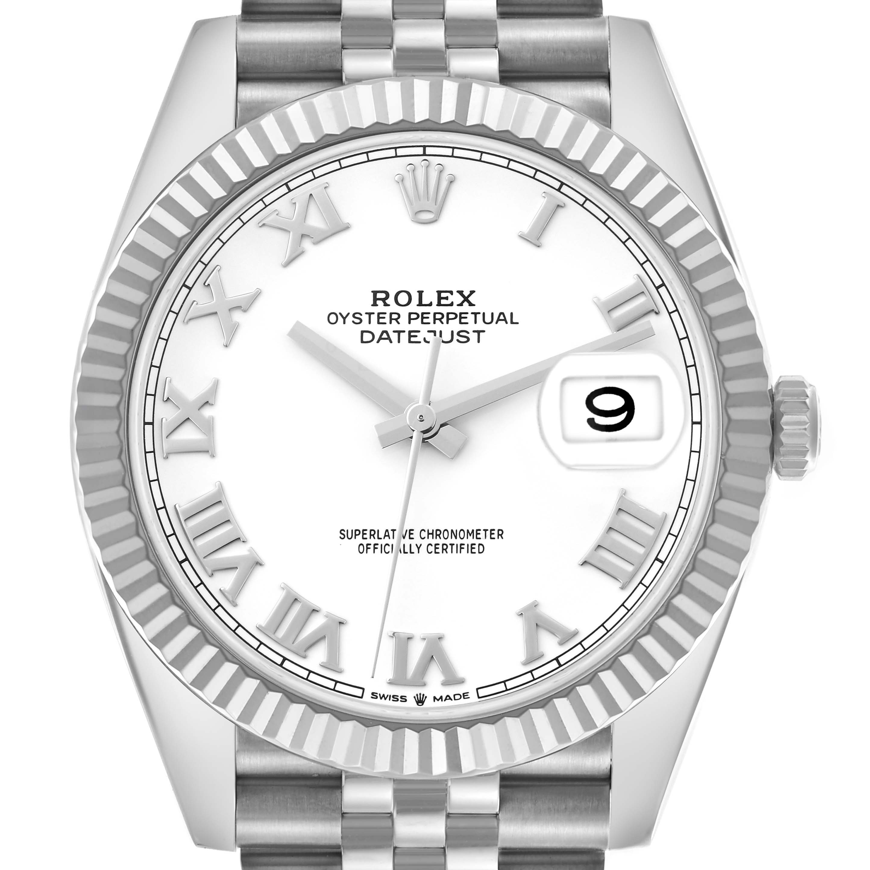 The image shows a front view of the Rolex Datejust 41 126334 Men
s Stainless Steel White Dial 126334 Men
s Stainless Steel White Dial watch, highlighting the dial, bezel, and crown.