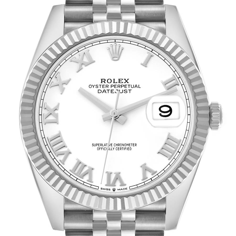 The image shows a front view of the Rolex Datejust 41 watch, highlighting the dial, bezel, and crown.