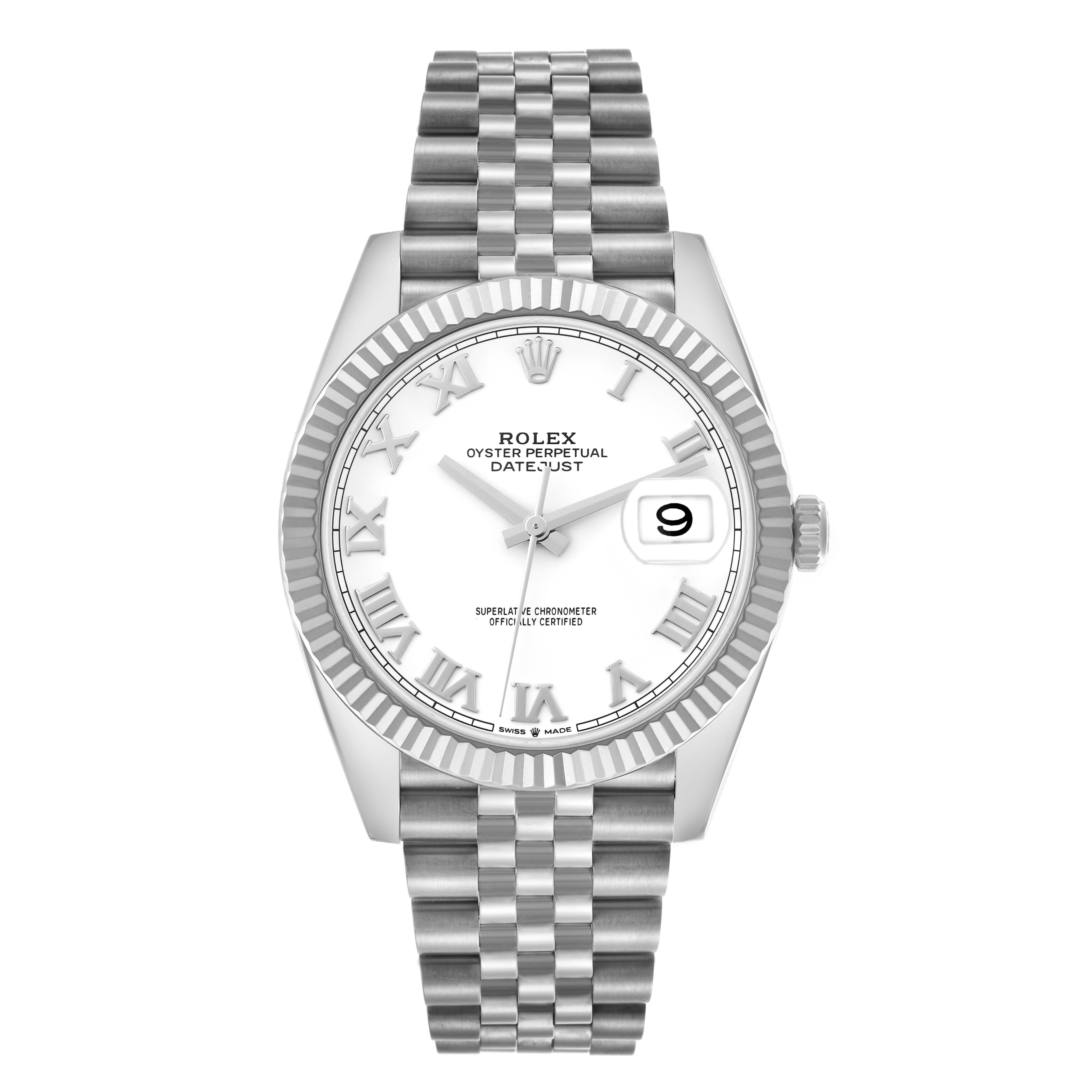 The Rolex Datejust 41 126334 Men
s Stainless Steel White Dial 126334 Men
s Stainless Steel White Dial is shown from the front, displaying the dial, fluted bezel, bracelet, and crown.