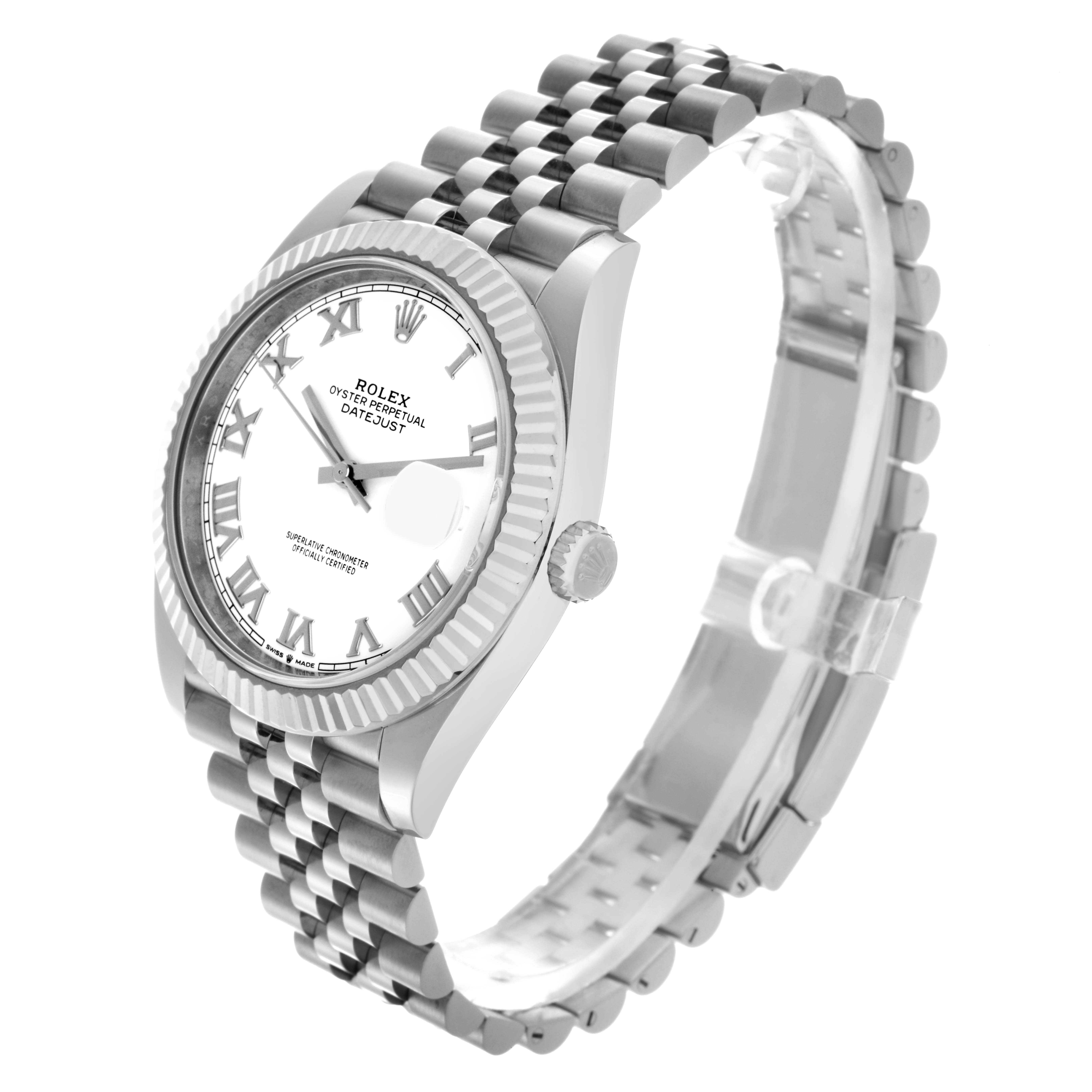 The Rolex Datejust 41 126334 Men
s Stainless Steel White Dial 126334 Men
s Stainless Steel White Dial is shown at a three-quarter angle, highlighting the face, bezel, crown, and bracelet.