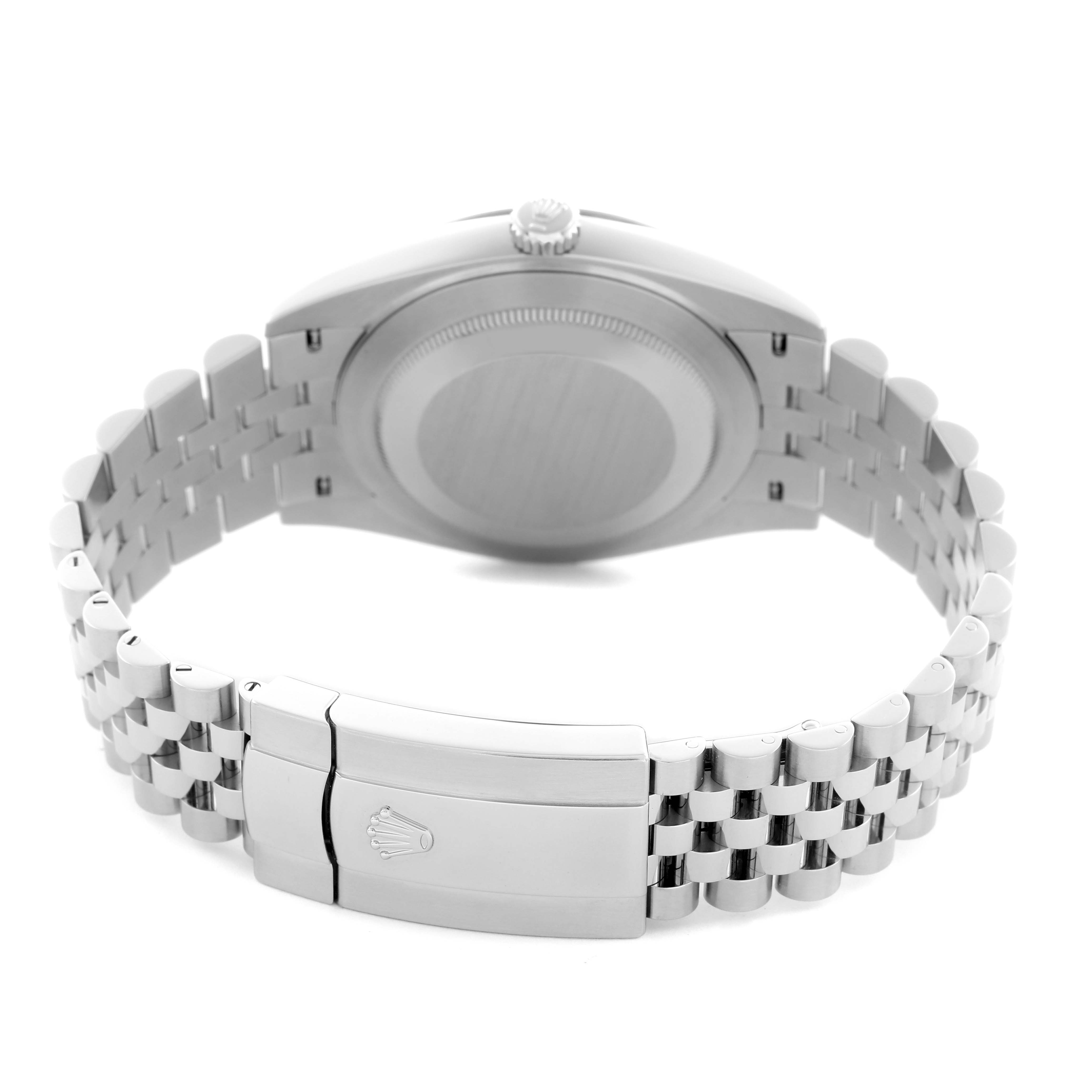 The image shows the back view of a Rolex Datejust 41 126334 Men
s Stainless Steel White Dial 126334 Men
s Stainless Steel White Dial, highlighting the clasp, bracelet, and case back.