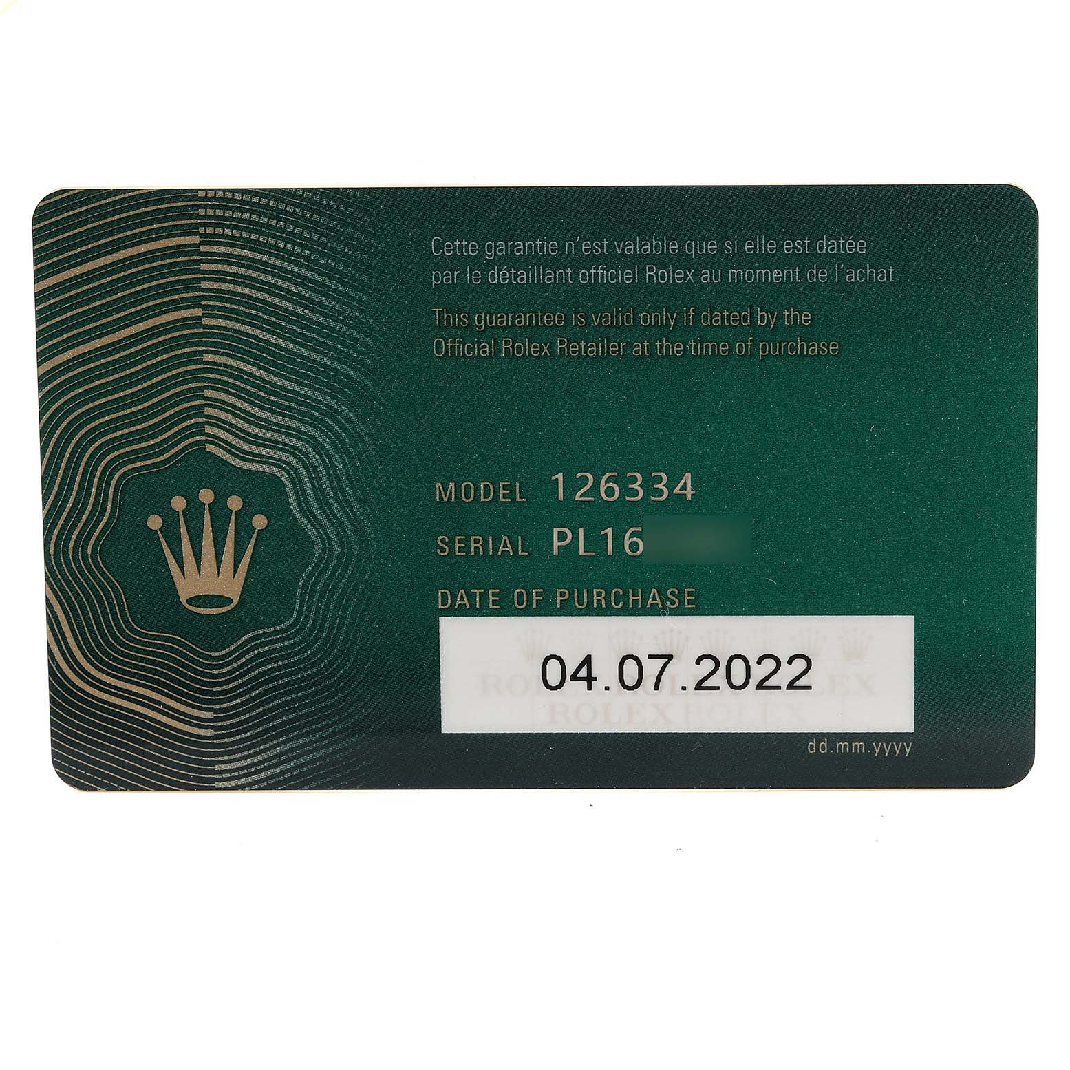 The image shows a warranty card for the Rolex Datejust 41 126334 Men
s Stainless Steel White Dial 126334 Men
s Stainless Steel White Dial model, displaying model, serial number, and purchase date.