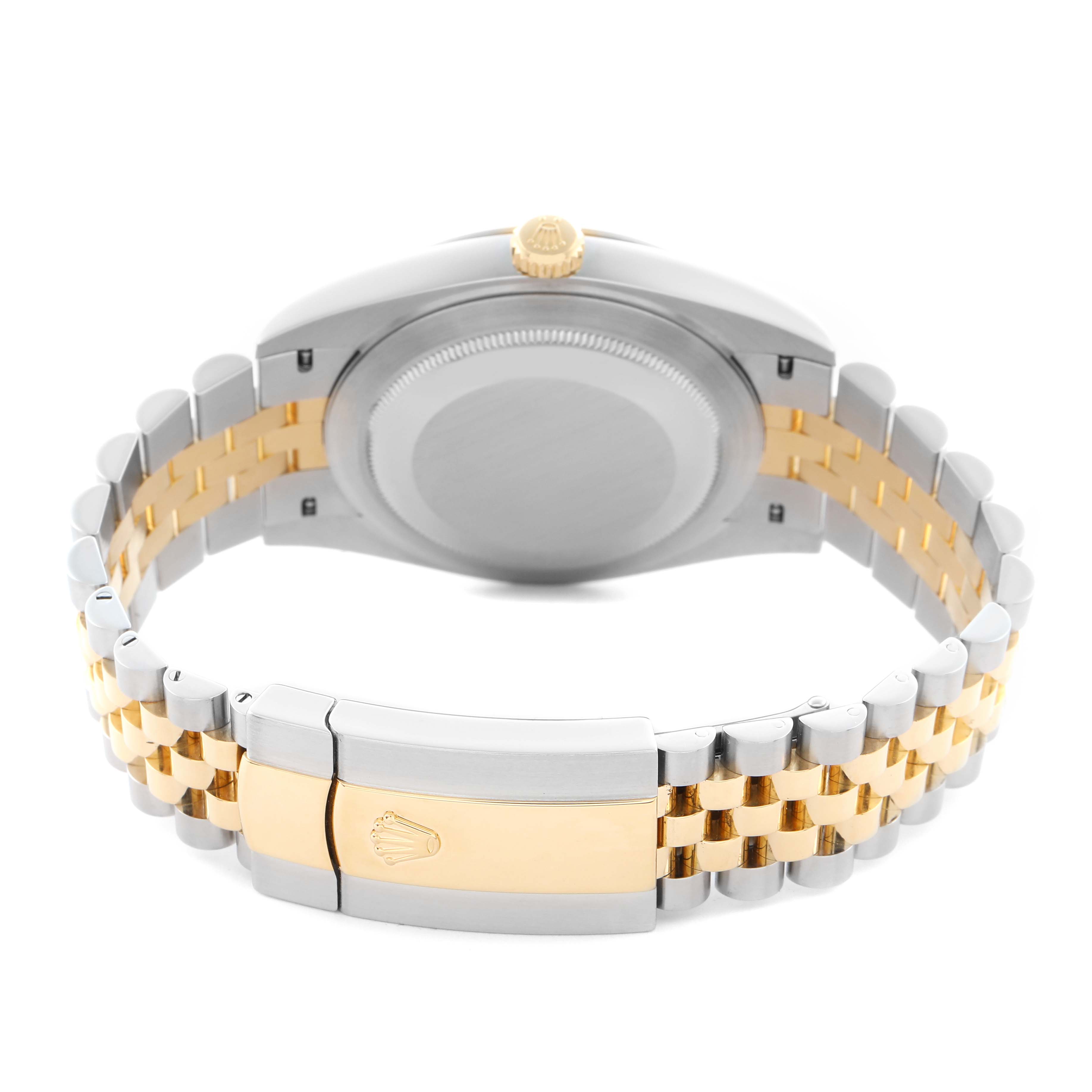 The Rolex Datejust 41 126333 Men
s Steel and Gold (two tone) Champagne Dial 126333 Men
s Steel and Gold (two tone) Champagne Dial is shown from the back, highlighting the case back, crown, and two-tone Jubilee bracelet with the clasp.