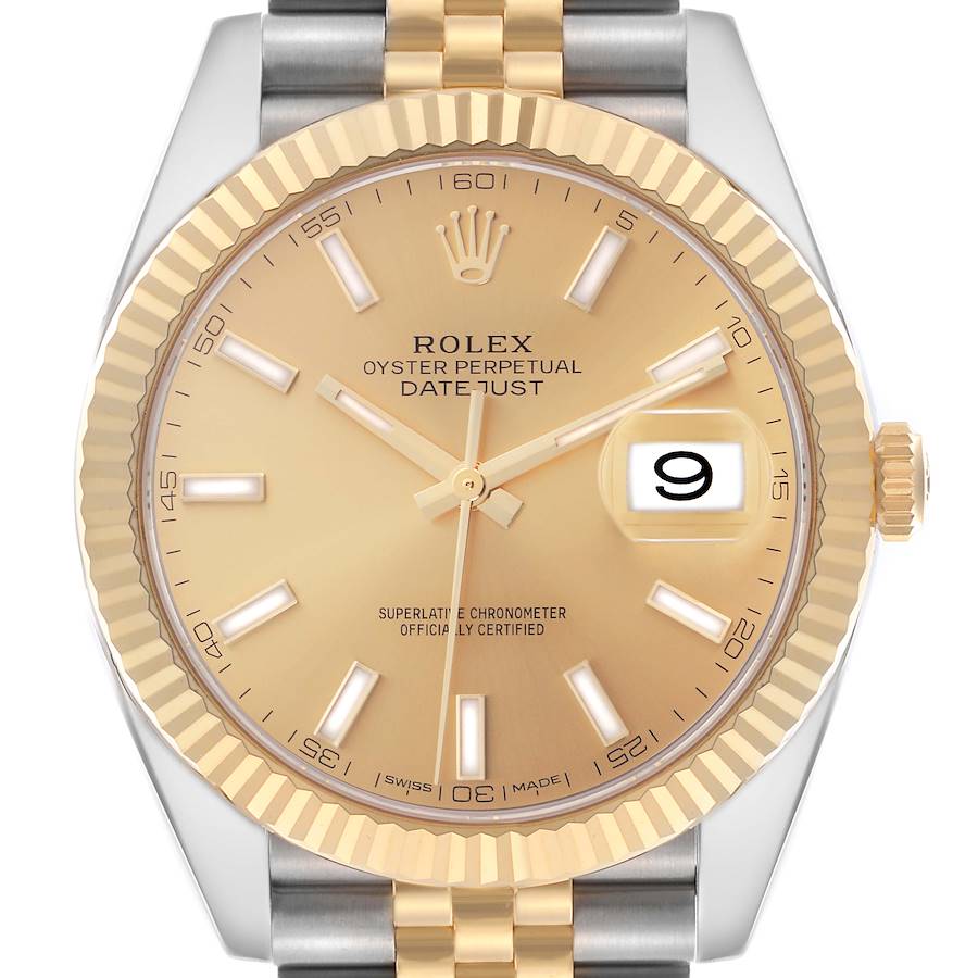 The Rolex Datejust 41 is shown from a front angle, highlighting the dial, bezel, crown, and bracelet top.