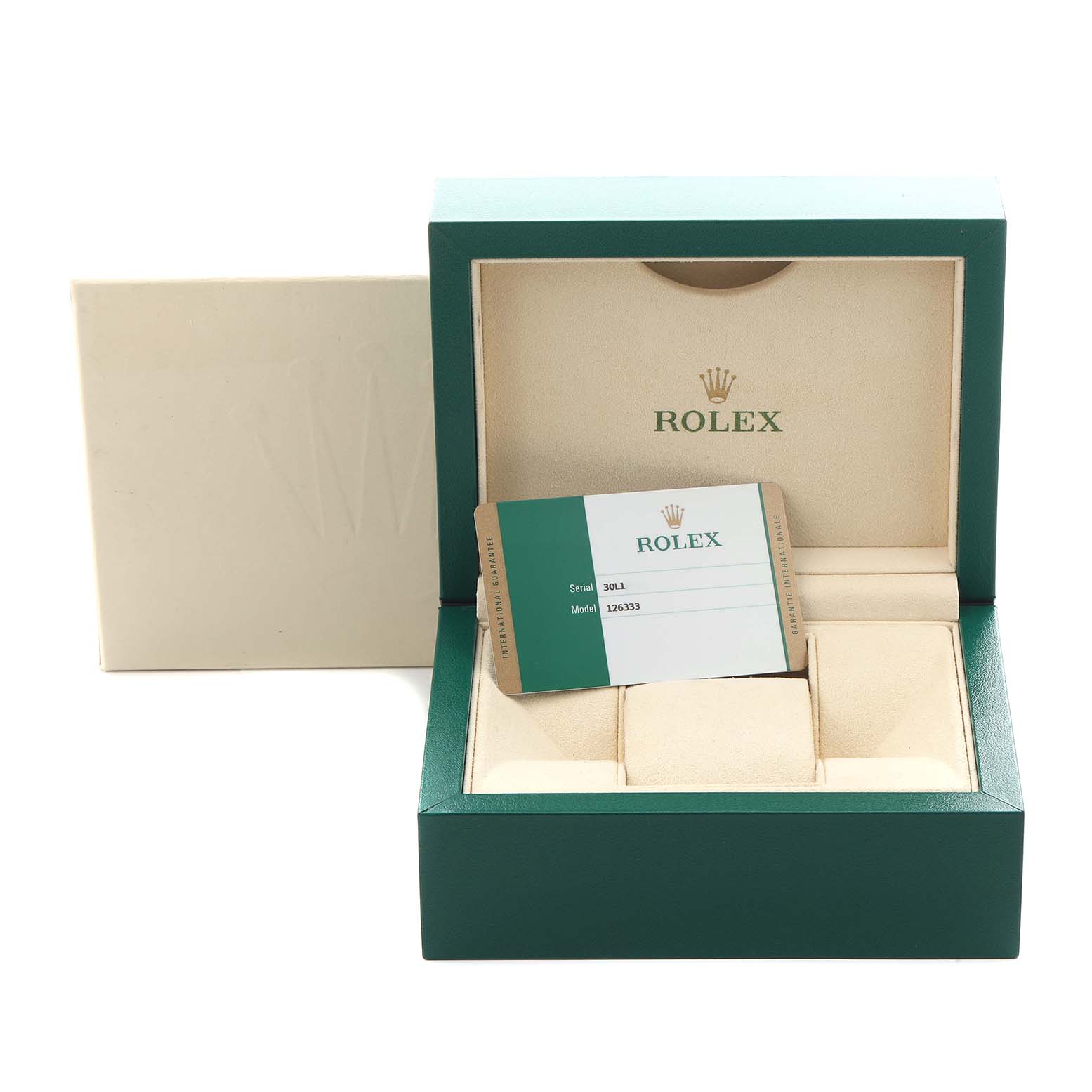 The image shows a Rolex Datejust 41 126333 Men
s Steel and Gold (two tone) Champagne Dial 126333 Men
s Steel and Gold (two tone) Champagne Dial watch box and warranty card, viewed from the front.