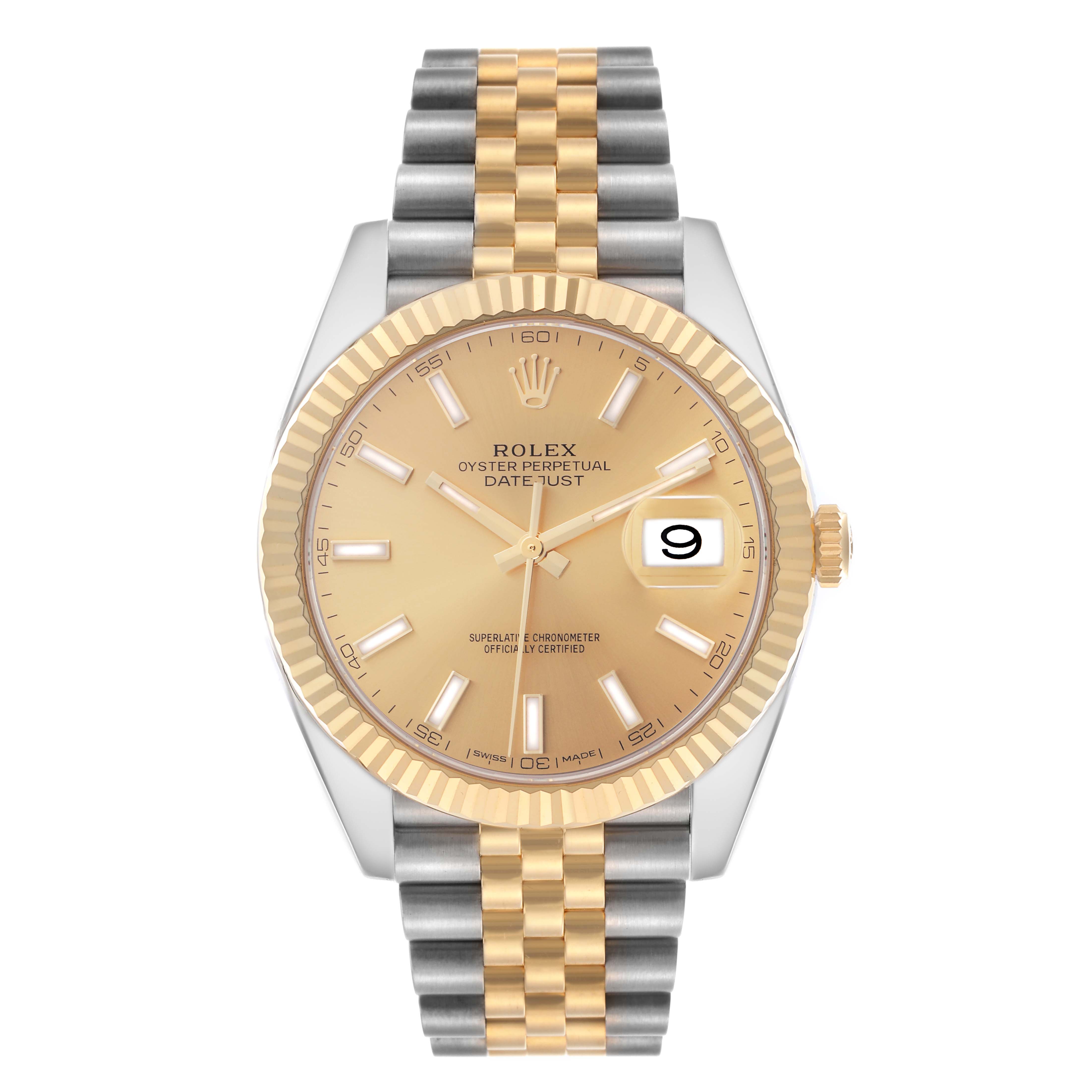 The Rolex Datejust 41 126333 Men
s Steel and Gold (two tone) Champagne Dial 126333 Men
s Steel and Gold (two tone) Champagne Dial watch is shown from a front angle, featuring its dial, fluted bezel, and Jubilee bracelet.