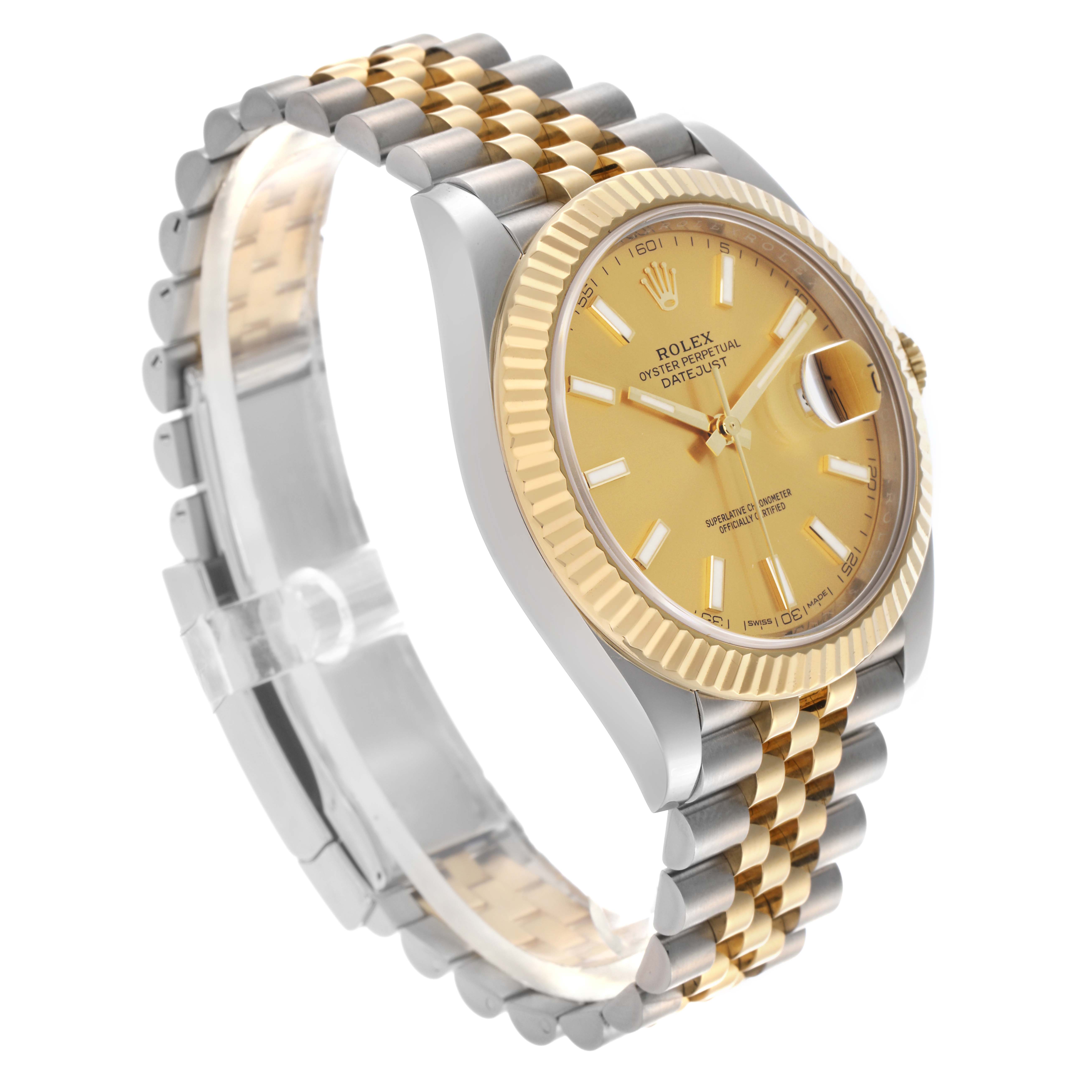 The Rolex Datejust 41 126333 Men
s Steel and Gold (two tone) Champagne Dial 126333 Men
s Steel and Gold (two tone) Champagne Dial is shown at an angled side view, highlighting the gold dial, fluted bezel, and two-tone bracelet.