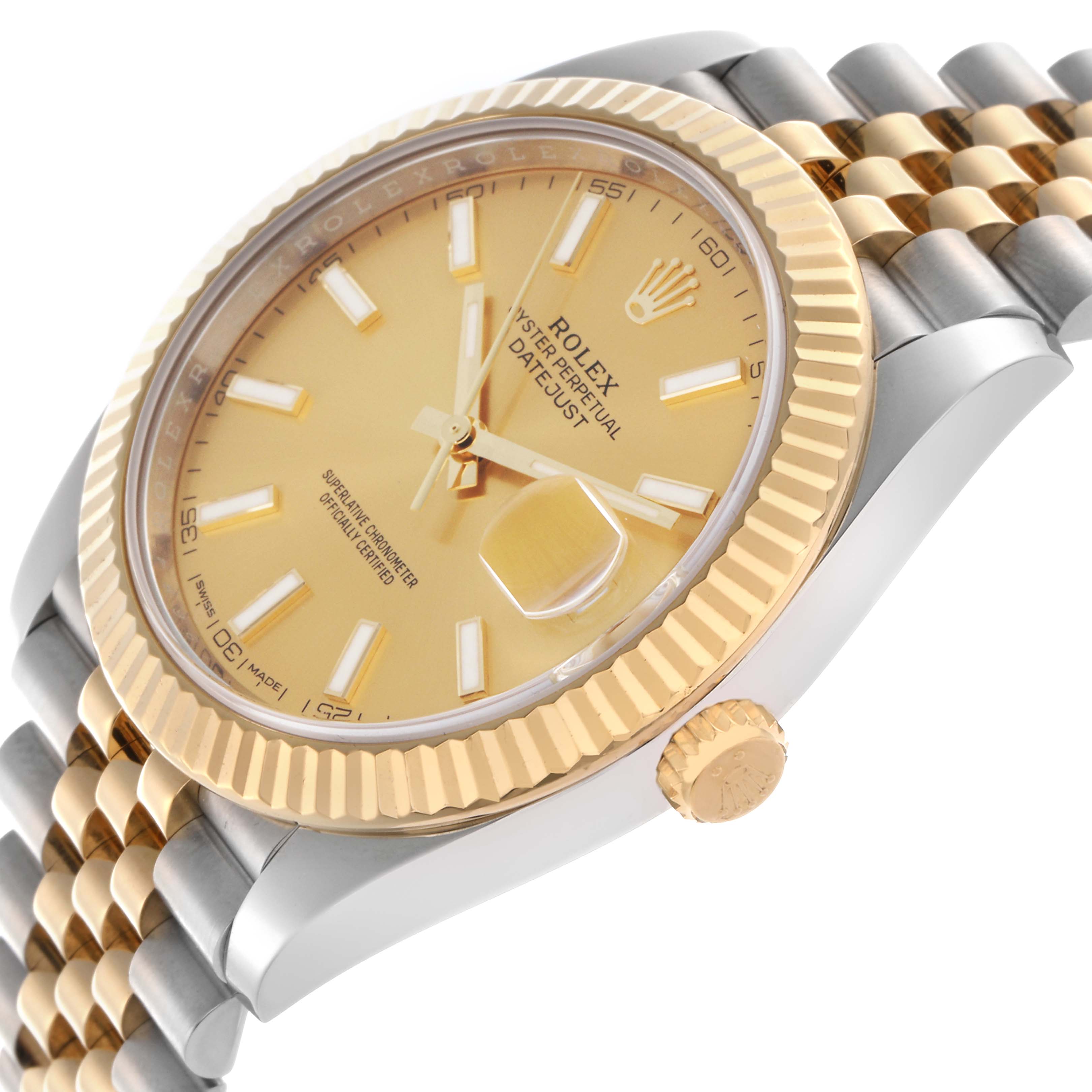 The Rolex Datejust 41 126333 Men
s Steel and Gold (two tone) Champagne Dial 126333 Men
s Steel and Gold (two tone) Champagne Dial is shown from an angle highlighting the face, fluted bezel, crown, and two-tone bracelet.