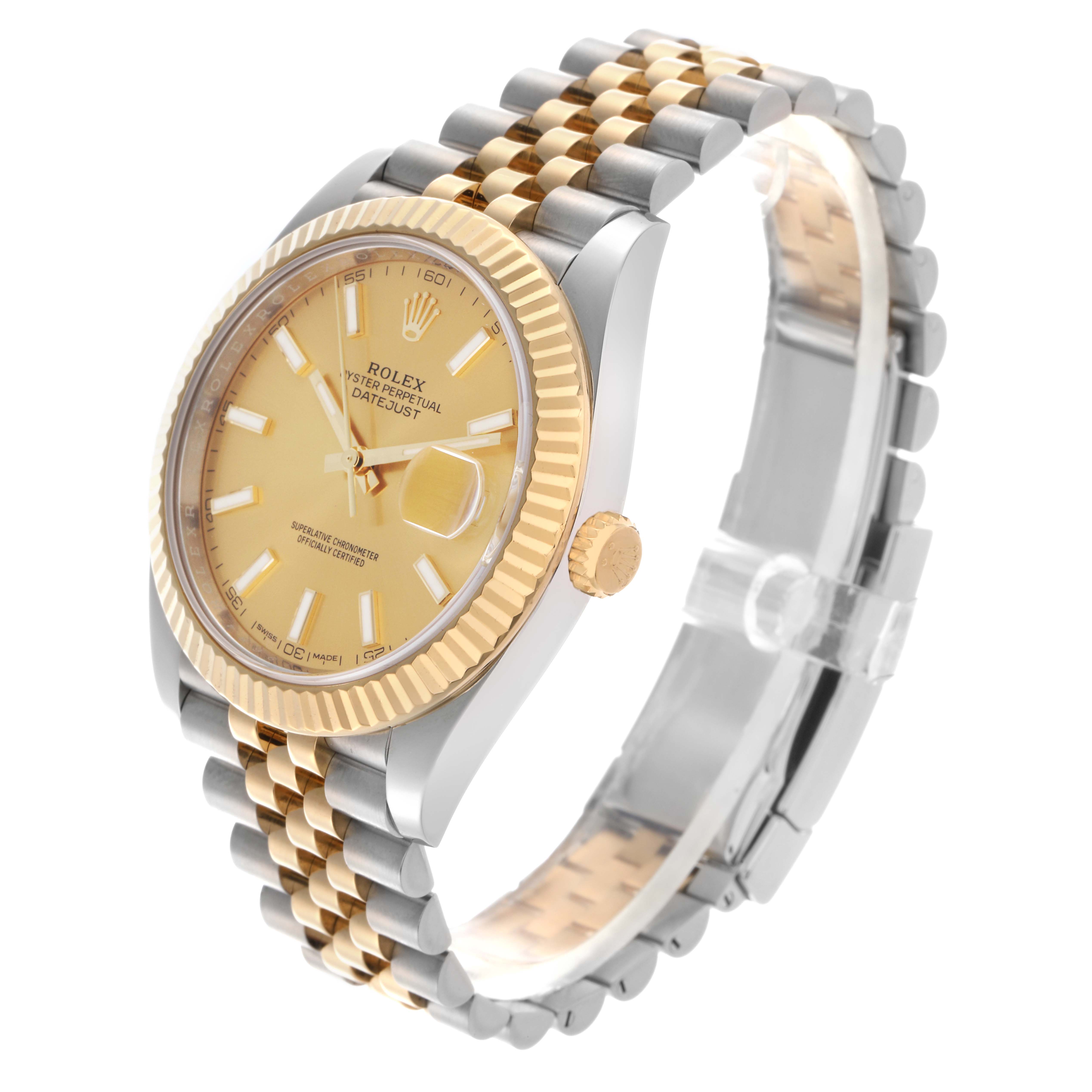 The Rolex Datejust 41 126333 Men
s Steel and Gold (two tone) Champagne Dial 126333 Men
s Steel and Gold (two tone) Champagne Dial is shown at an angled side view, highlighting the face, bezel, and Jubilee bracelet.