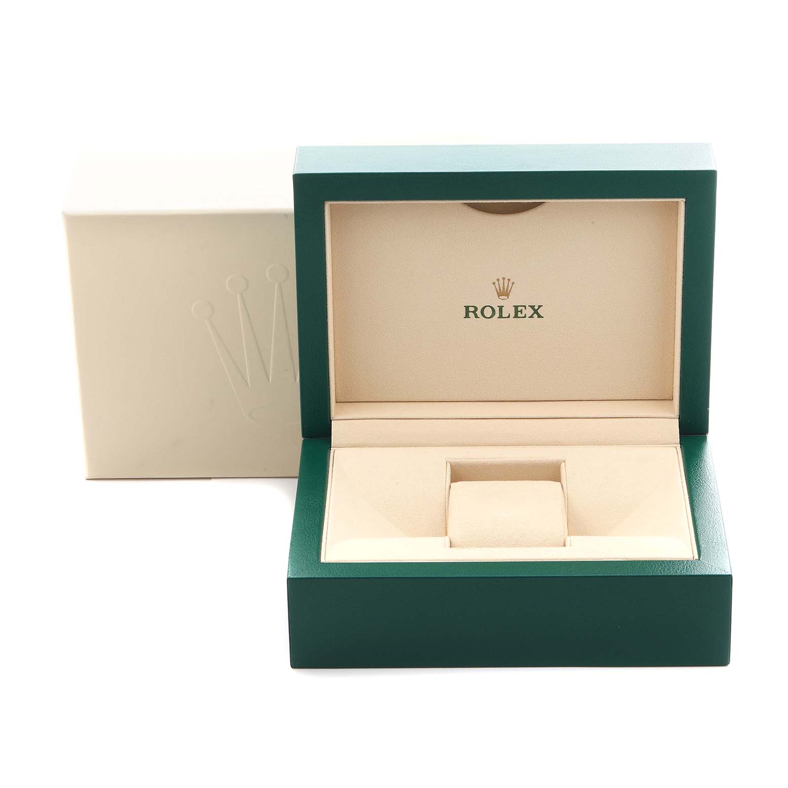 The image shows a Rolex Datejust 41 126333 Men
s Steel and Gold (two tone) Silver Dial 126333 Men
s Steel and Gold (two tone) Silver Dial box at a front angle, displaying the interior cushion and outer packaging.