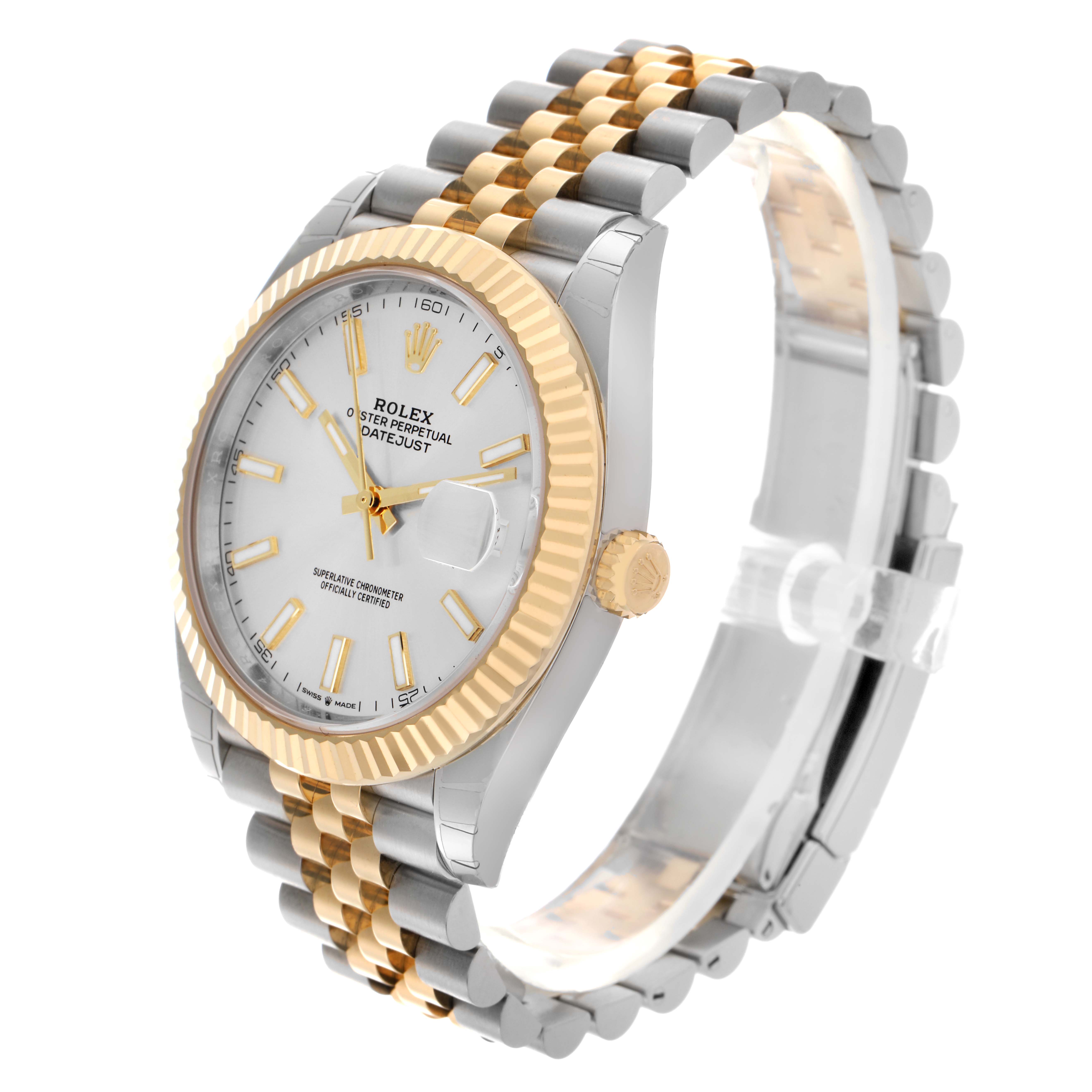 The Rolex Datejust 41 126333 Men
s Steel and Gold (two tone) Silver Dial 126333 Men
s Steel and Gold (two tone) Silver Dial is shown at a three-quarter angle, highlighting the dial, fluted bezel, and two-tone bracelet.