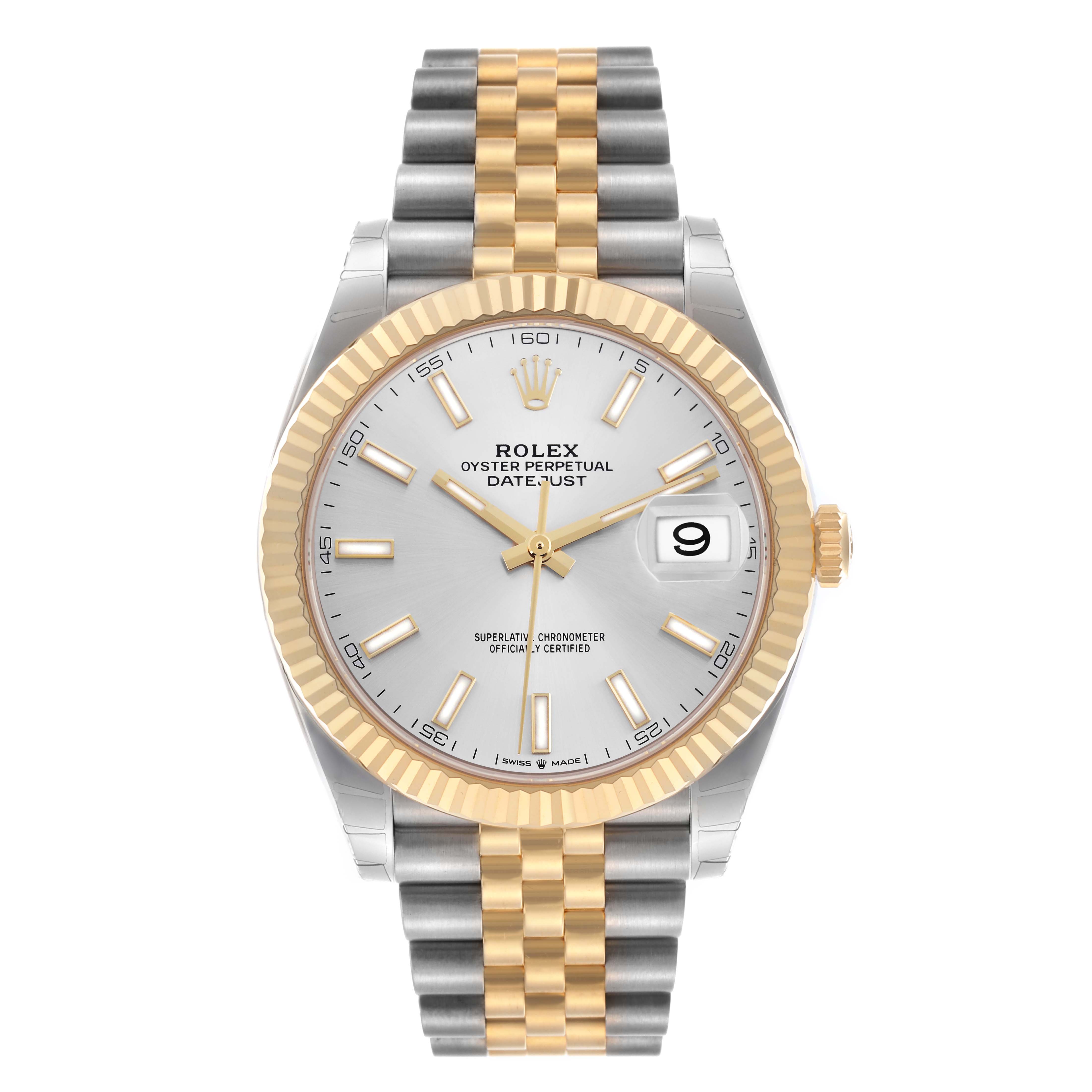 The Rolex Datejust 41 126333 Men
s Steel and Gold (two tone) Silver Dial 126333 Men
s Steel and Gold (two tone) Silver Dial watch is shown front-facing, featuring a two-tone Jubilee bracelet, fluted bezel, and date window.