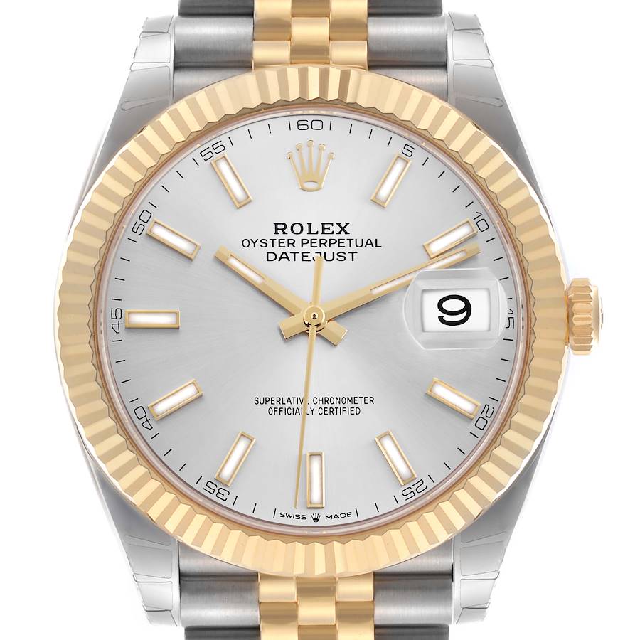 The Rolex Datejust 41 is shown from the front, highlighting its face, fluted bezel, and jubilee bracelet.