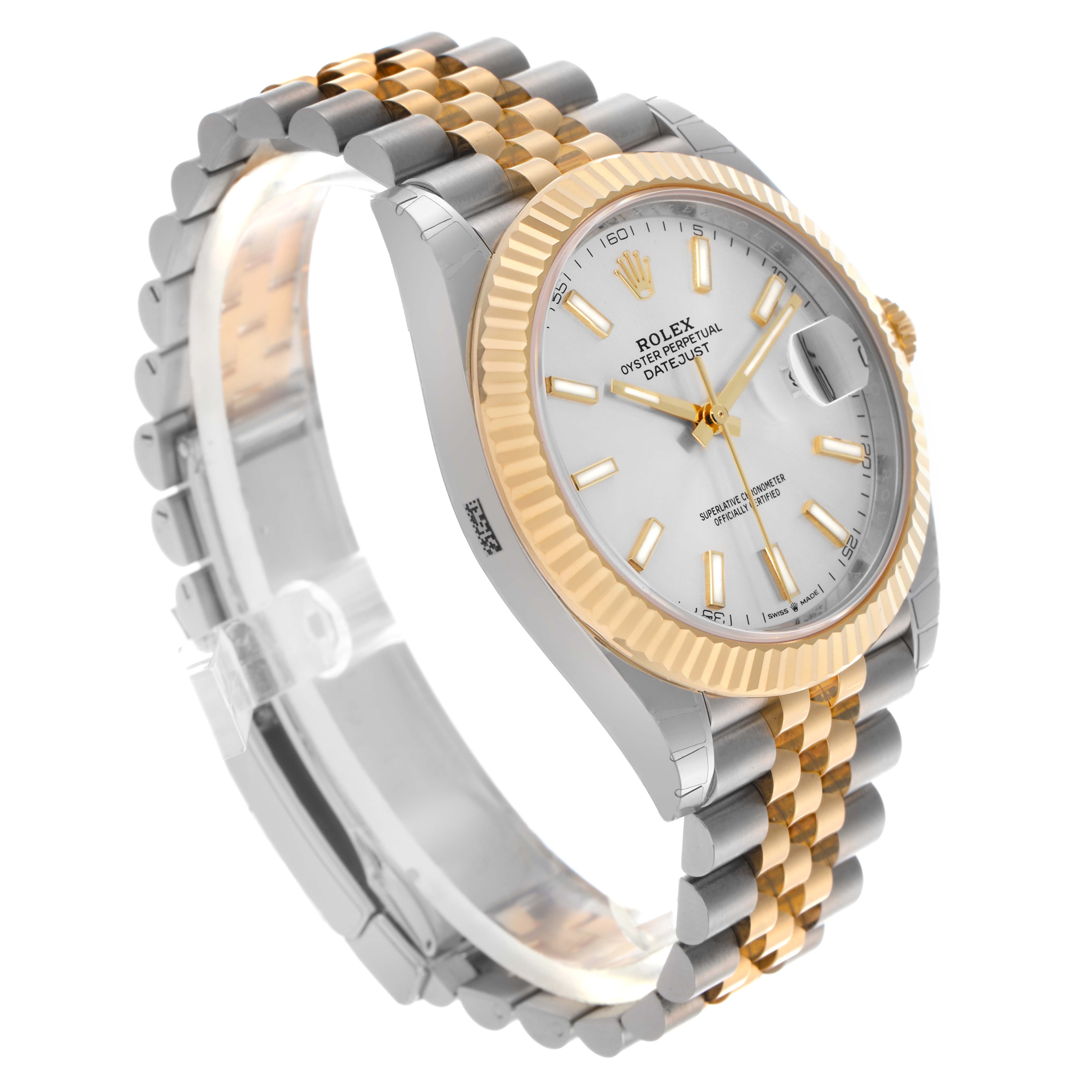 The Rolex Datejust 41 126333 Men
s Steel and Gold (two tone) Silver Dial 126333 Men
s Steel and Gold (two tone) Silver Dial is shown at a three-quarter angle, highlighting the face, fluted bezel, and two-tone Jubilee bracelet.