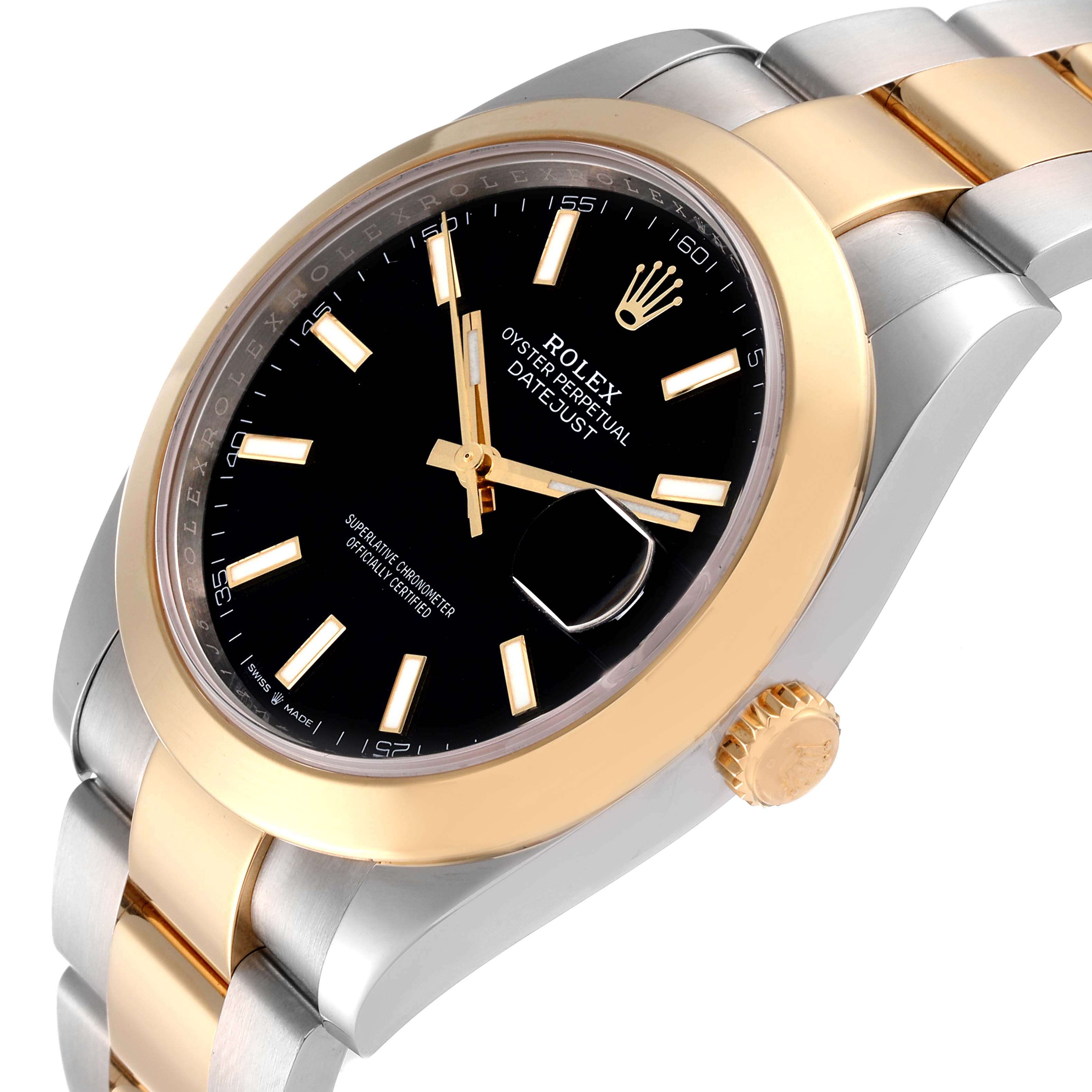 This image shows a close-up angled view of the Rolex Datejust 41 126303 Men
s Steel and Gold (two tone) Black Dial 126303 Men
s Steel and Gold (two tone) Black Dial watch, highlighting the dial, bezel, and part of the bracelet.
