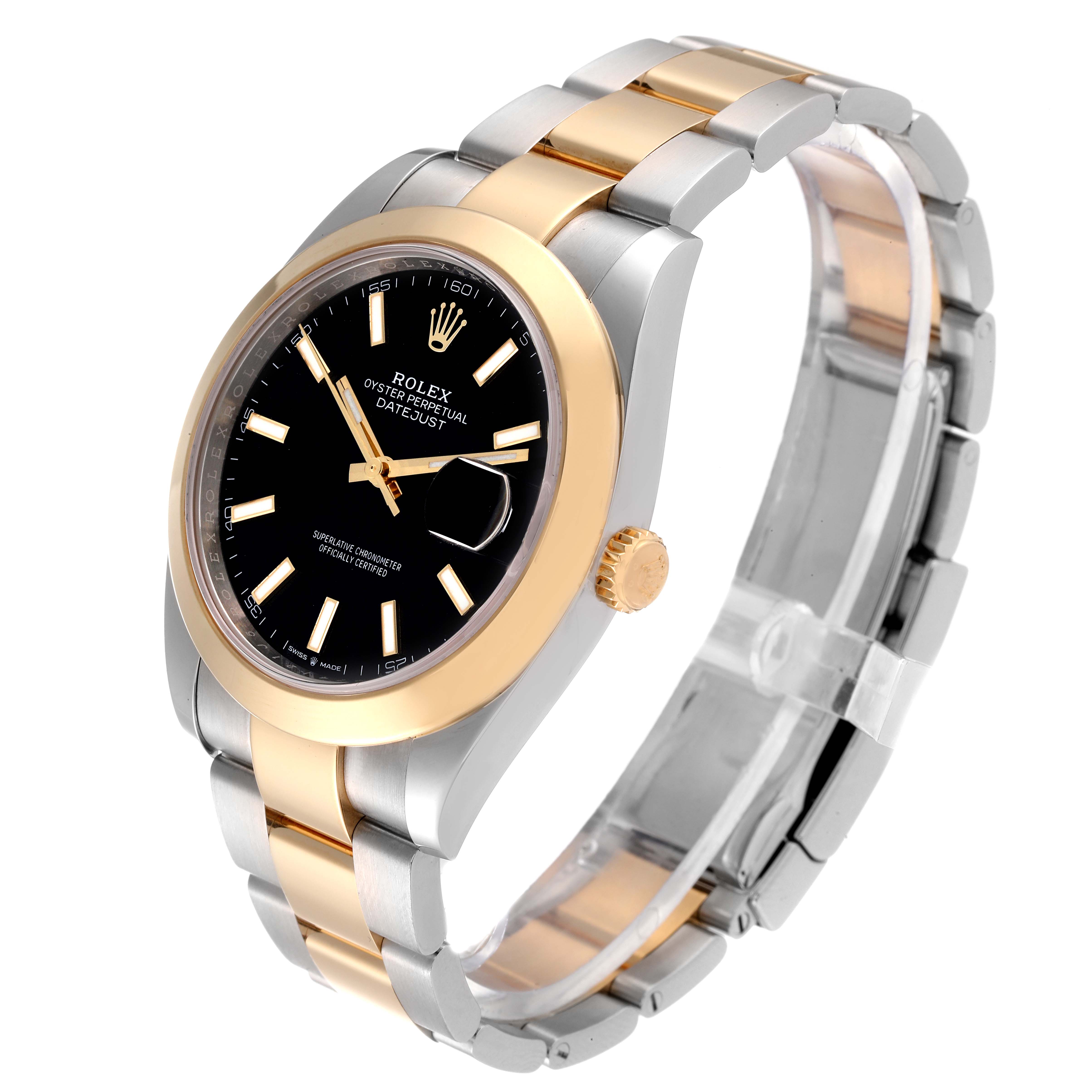 The image shows a side angle of a Rolex Datejust 41 126303 Men
s Steel and Gold (two tone) Black Dial 126303 Men
s Steel and Gold (two tone) Black Dial watch, displaying its face, bezel, crown, and part of the bracelet.