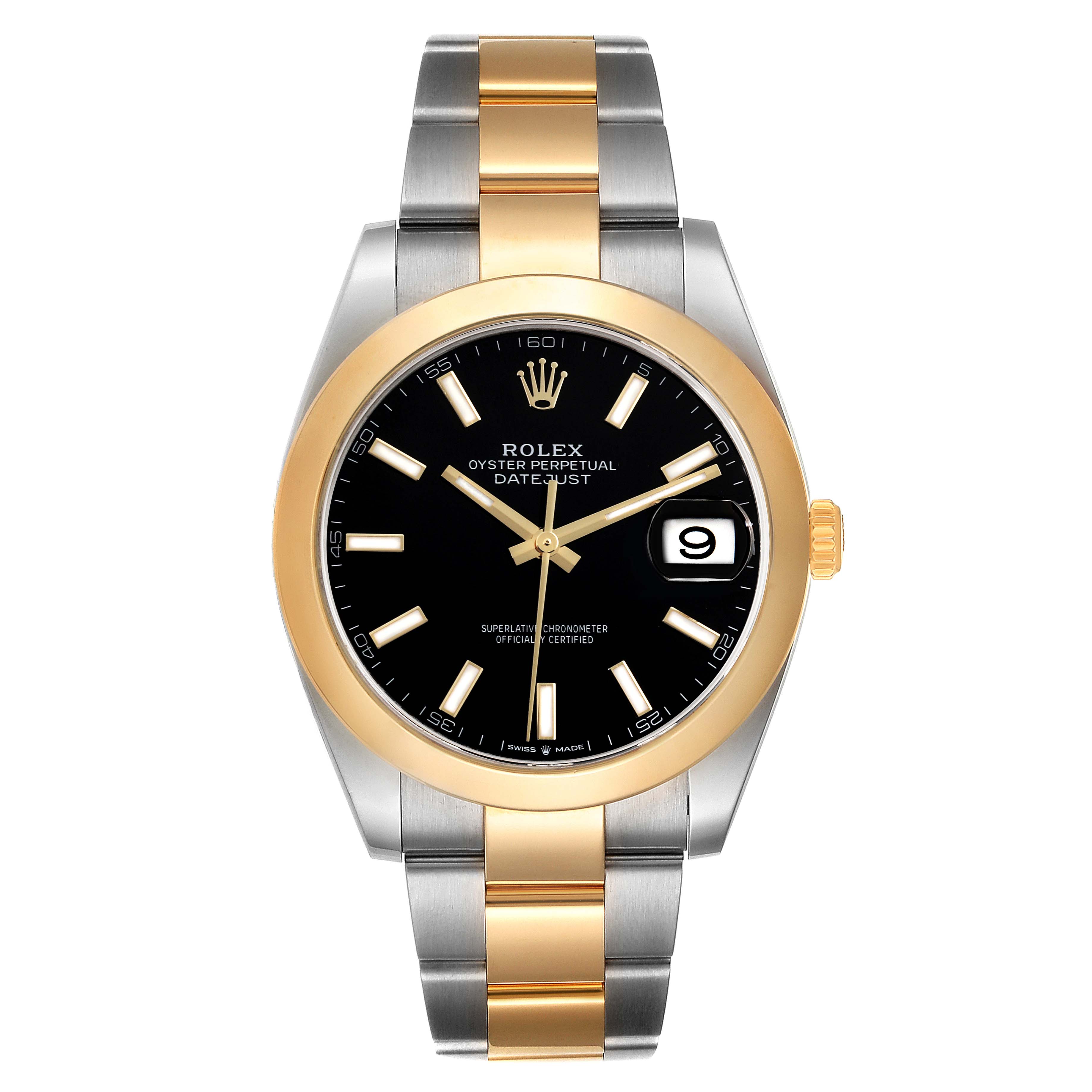 The watch shown is a Rolex Datejust 41 126303 Men
s Steel and Gold (two tone) Black Dial 126303 Men
s Steel and Gold (two tone) Black Dial model, displayed from a front angle, showcasing its black dial, gold bezel, and two-tone bracelet.