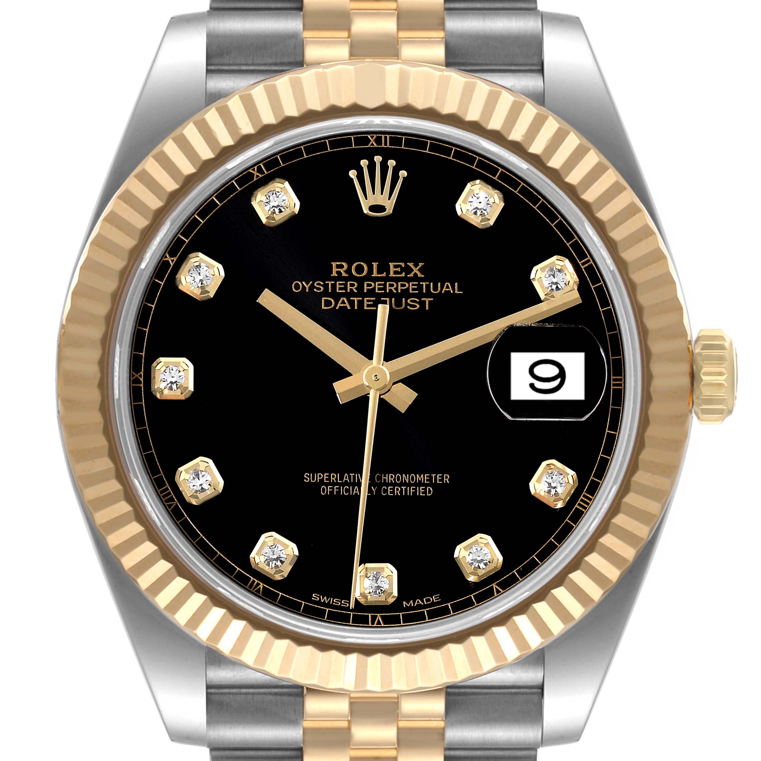 This image shows a front view of a Rolex Datejust 41 126333 Men's Steel and Gold (two tone) Black Dial 126333 Men's Steel and Gold (two tone) Black Dial watch, highlighting its black dial, diamond hour markers, and two-tone bracelet.