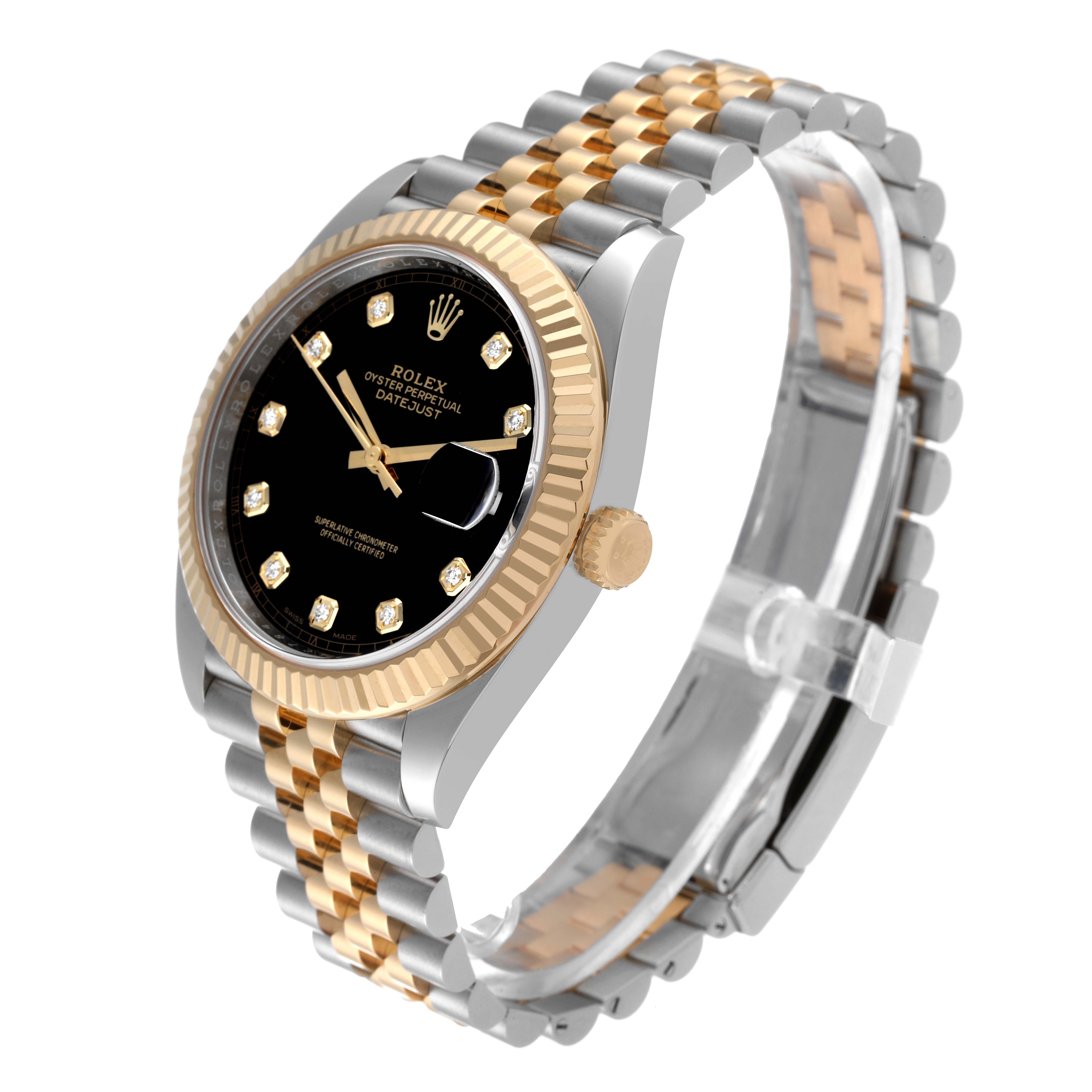 The image shows a Rolex Datejust 41 126333 Men's Steel and Gold (two tone) Black Dial 126333 Men's Steel and Gold (two tone) Black Dial watch at an angled side view, displaying the face, bezel, crown, and Jubilee bracelet.
