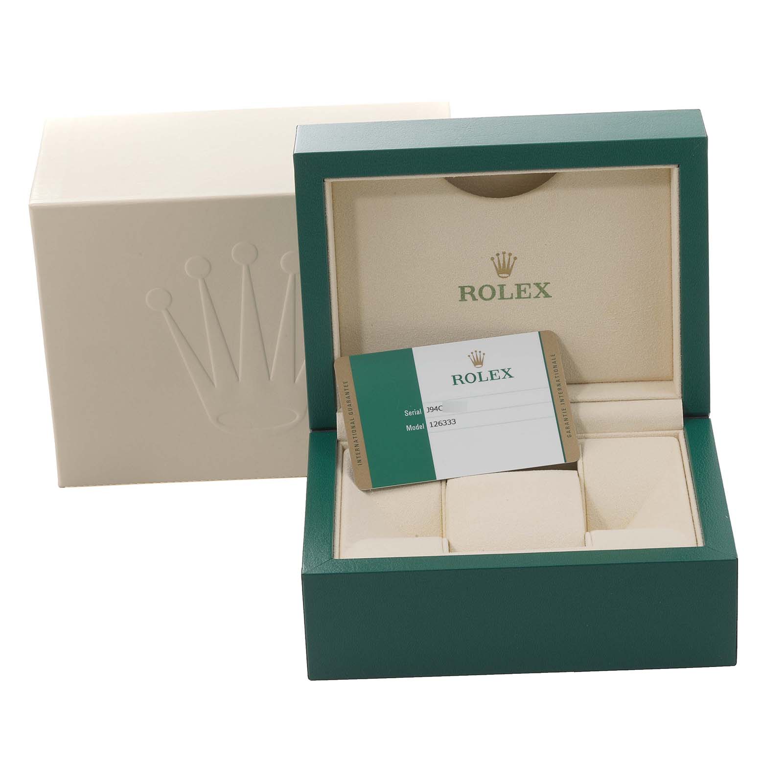 This image shows the open box of a Rolex Datejust 41 126333 Men's Steel and Gold (two tone) Black Dial 126333 Men's Steel and Gold (two tone) Black Dial, including the display box, certificate card, and outer packaging.