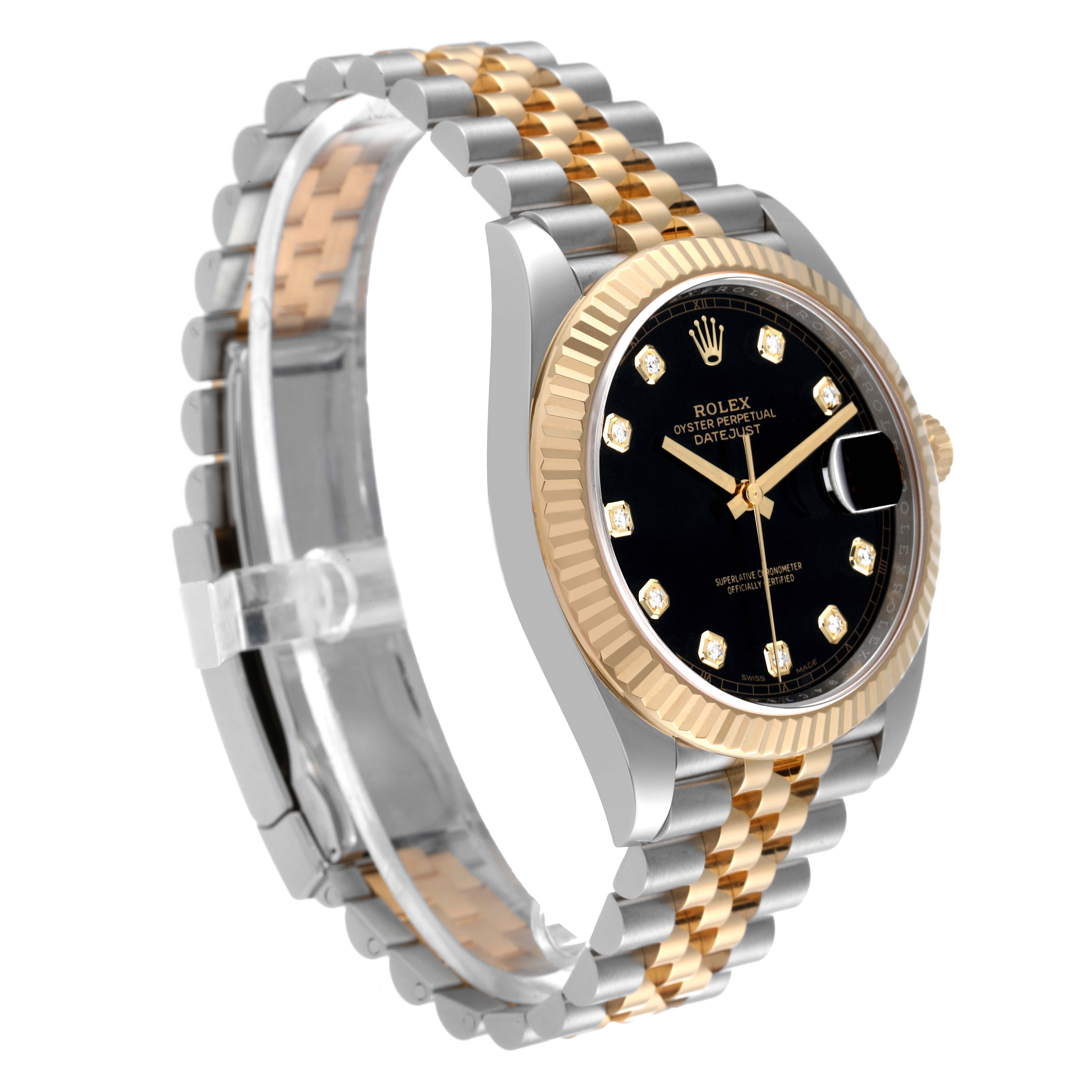 The image shows a side view of the Rolex Datejust 41 126333 Men's Steel and Gold (two tone) Black Dial 126333 Men's Steel and Gold (two tone) Black Dial watch, highlighting its bracelet and dial.