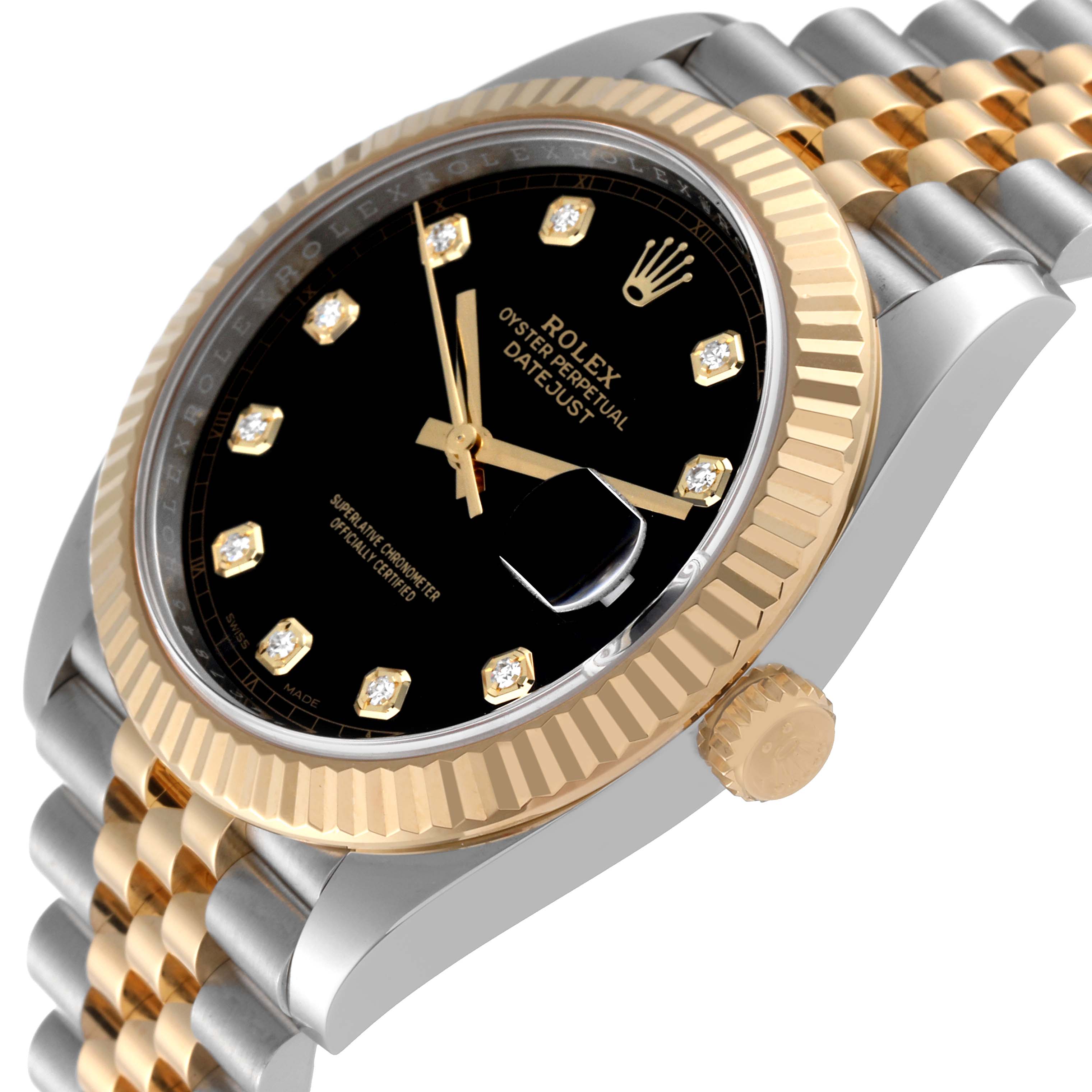 This Rolex Datejust 41 126333 Men's Steel and Gold (two tone) Black Dial 126333 Men's Steel and Gold (two tone) Black Dial watch is shown at an angle highlighting the black dial, diamond hour markers, fluted bezel, and two-tone bracelet.