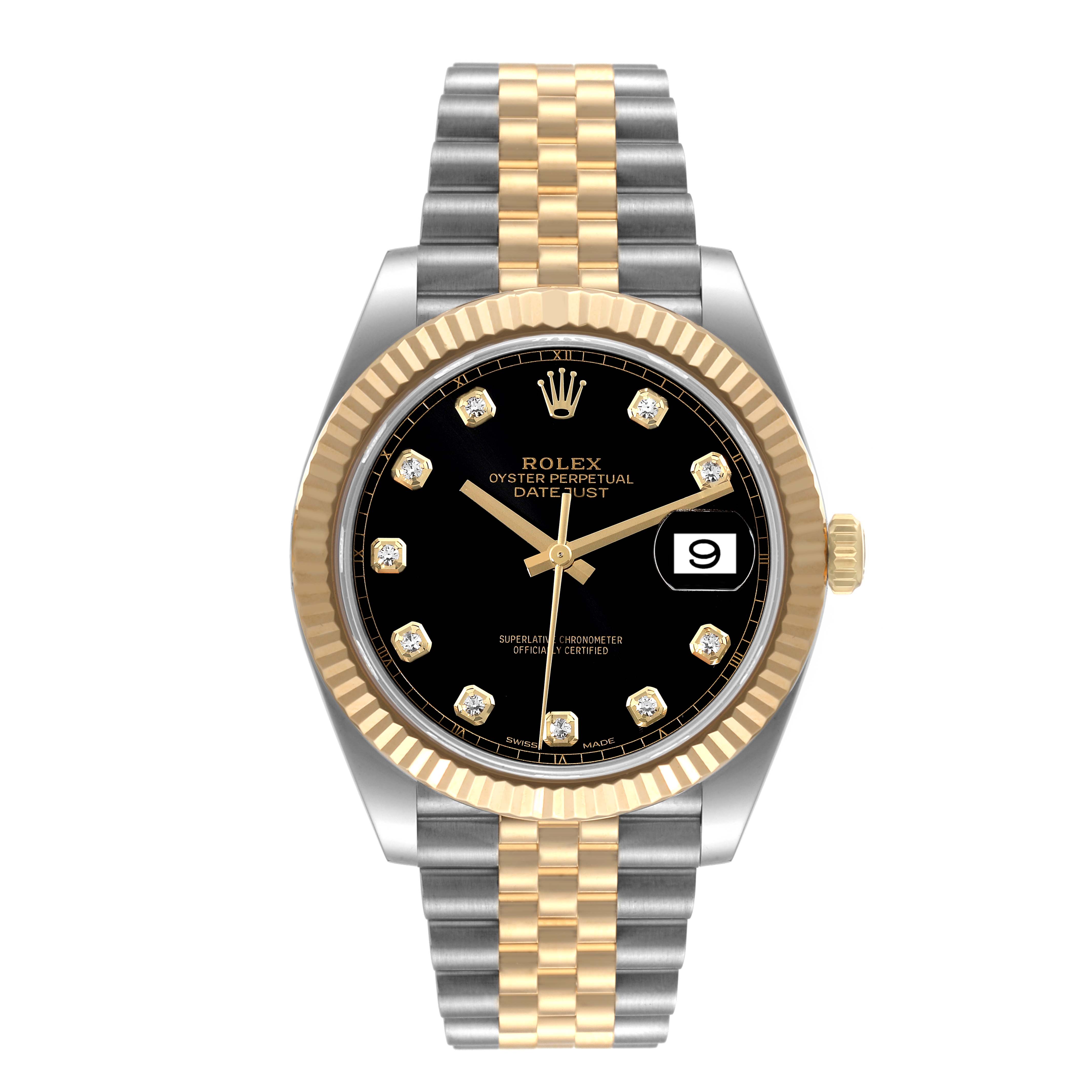 The image shows a Rolex Datejust 41 126333 Men's Steel and Gold (two tone) Black Dial 126333 Men's Steel and Gold (two tone) Black Dial watch from a front angle, displaying its dial, fluted bezel, Jubilee bracelet, and date window.