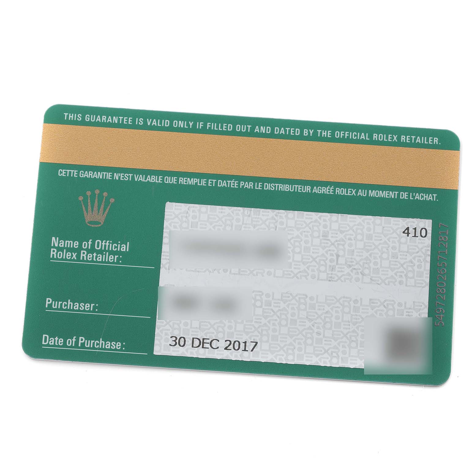 This image shows the warranty card for a Rolex Datejust 41 126333 Men's Steel and Gold (two tone) Black Dial 126333 Men's Steel and Gold (two tone) Black Dial, detailing the official retailer, purchaser, and purchase date.