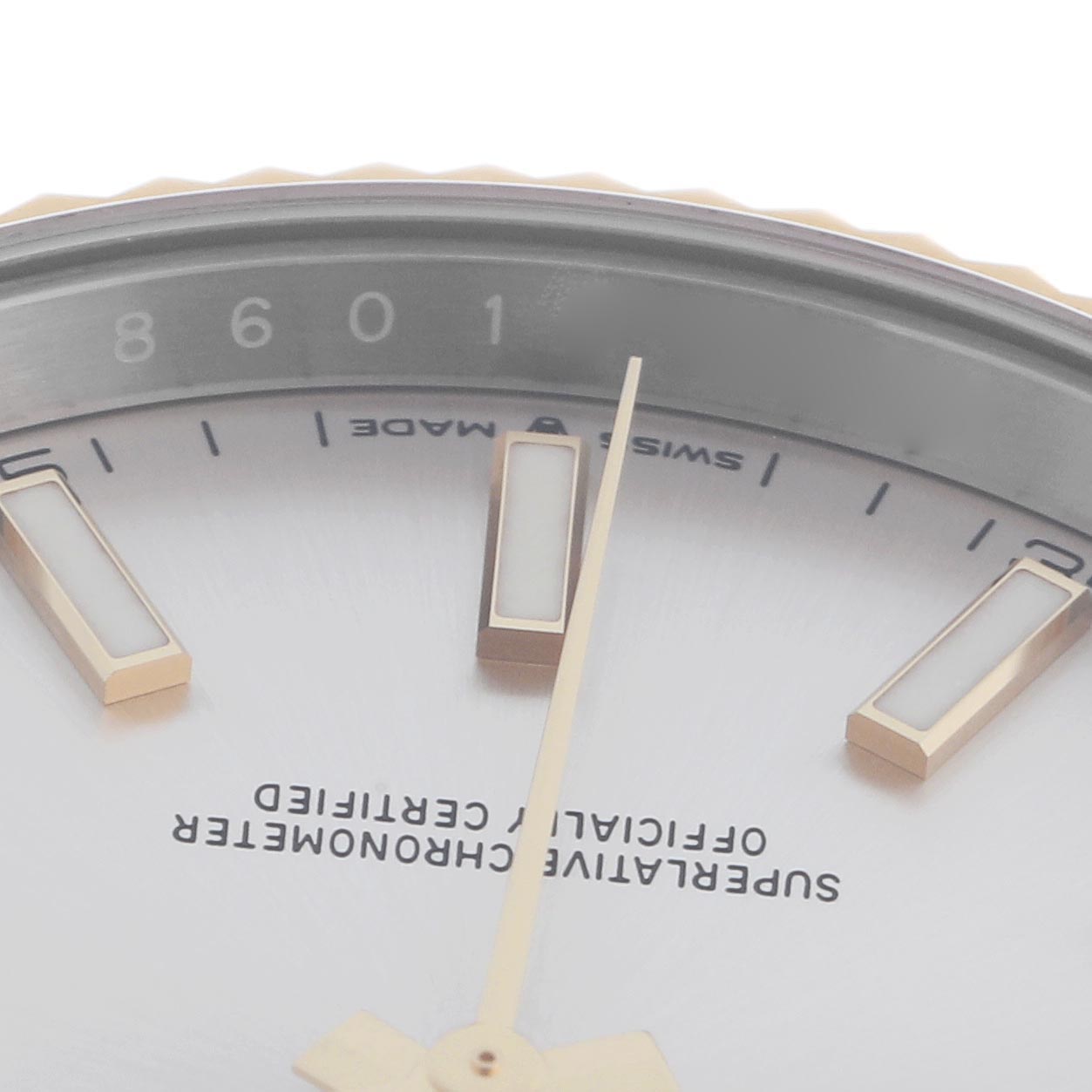 The image shows a close-up of the dial and hands of the Rolex Datejust 41 126333 Men
s Steel and Gold (two tone) Silver Dial 126333 Men
s Steel and Gold (two tone) Silver Dial, highlighting indices and text details.