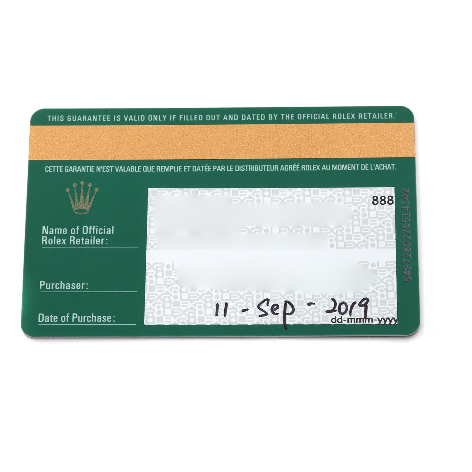 The image shows a top view of a Rolex Datejust 41 126333 Men
s Steel and Gold (two tone) Silver Dial 126333 Men
s Steel and Gold (two tone) Silver Dial warranty card.