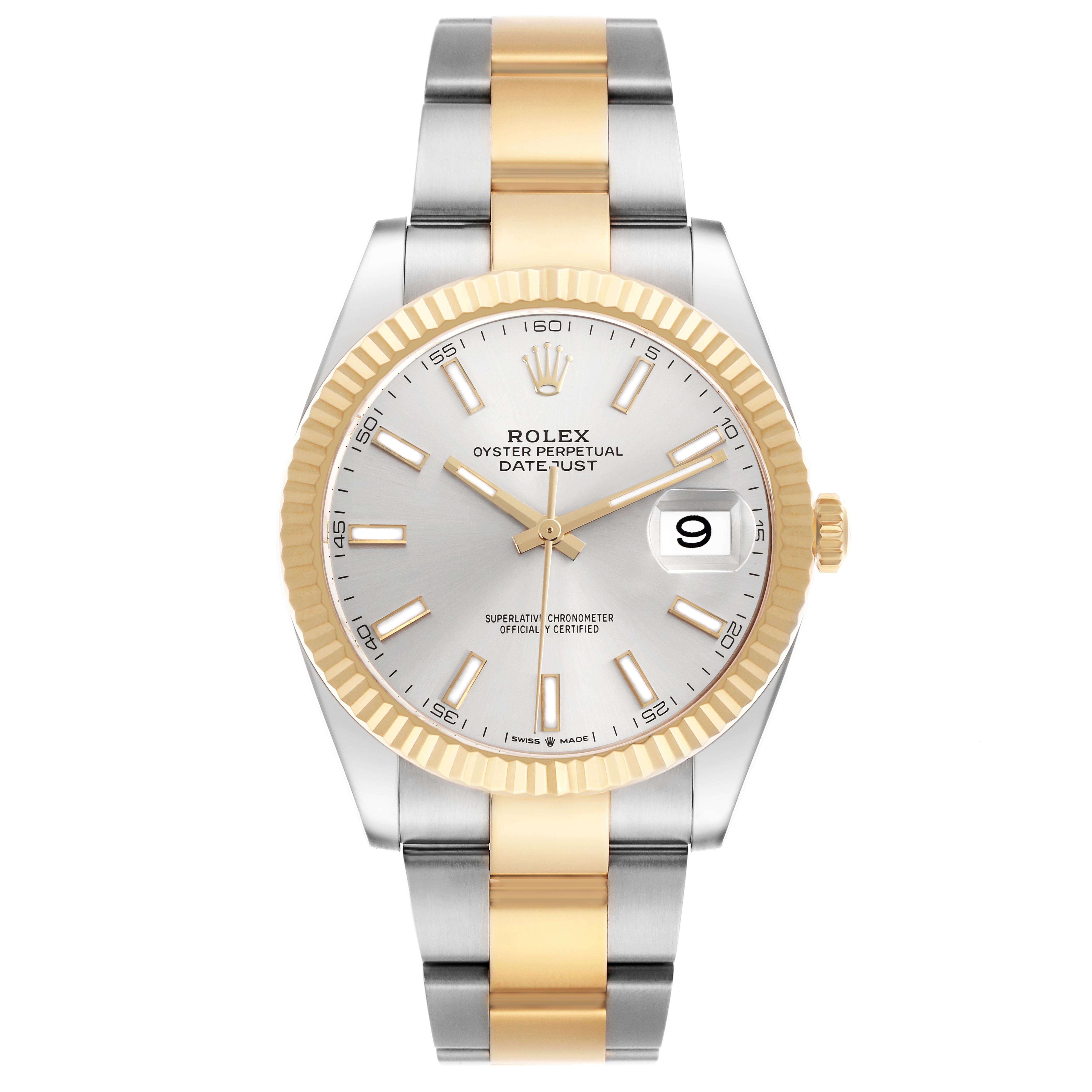 The Rolex Datejust 41 126333 Men
s Steel and Gold (two tone) Silver Dial 126333 Men
s Steel and Gold (two tone) Silver Dial is shown from a front angle, highlighting the dial, fluted bezel, and bracelet.